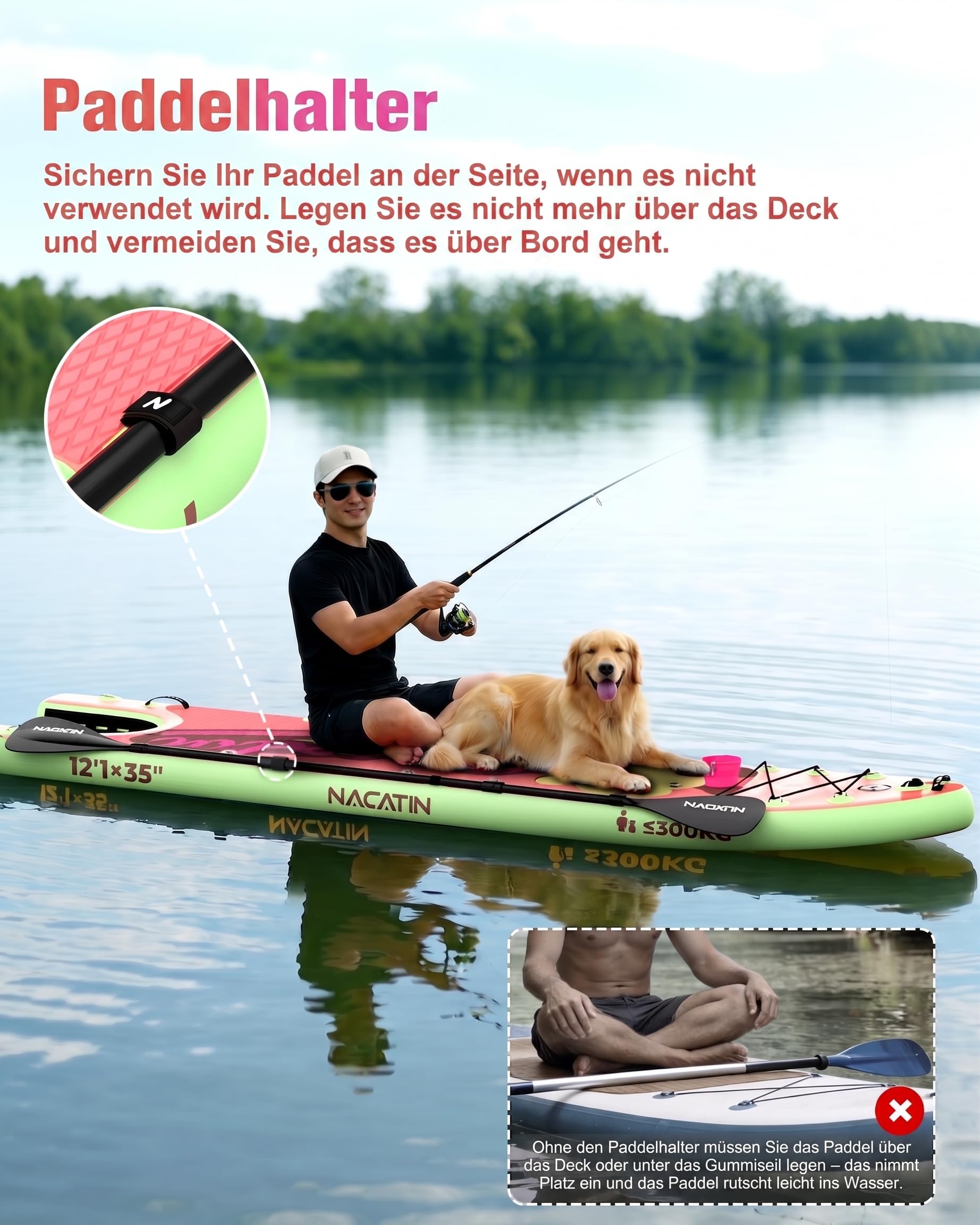 NACATIN 366cm (12ft) aufblasbares SUP Board mit Hunderampe, breites 91cm (36in) Stand Up Paddling Board mit rutschfestem Deck für Hunde & Familie, mit Einzel-/Doppelpaddel, Pumpe, Rucksack