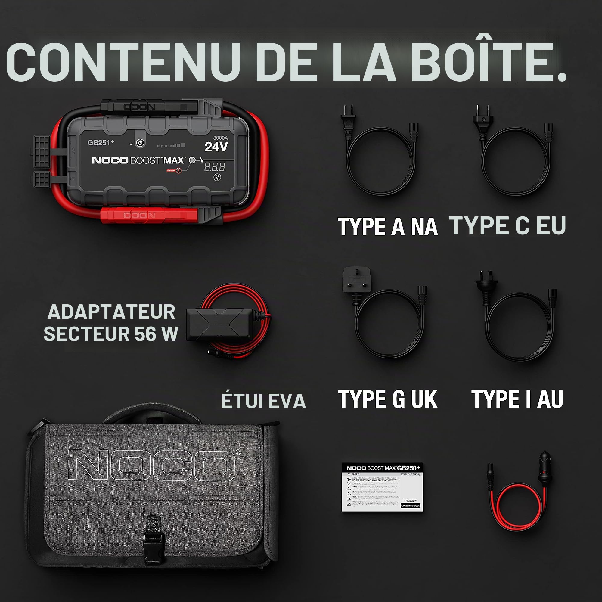 NOCO Boost Max GB251 24V 3000A UltraSafe Booster Batterie, Lithium Jump Starter, Câbles de Démarrage et de Démarrage de Batterie Portables pour Moteurs Essence et Diesel Jusqu'à 32-litres