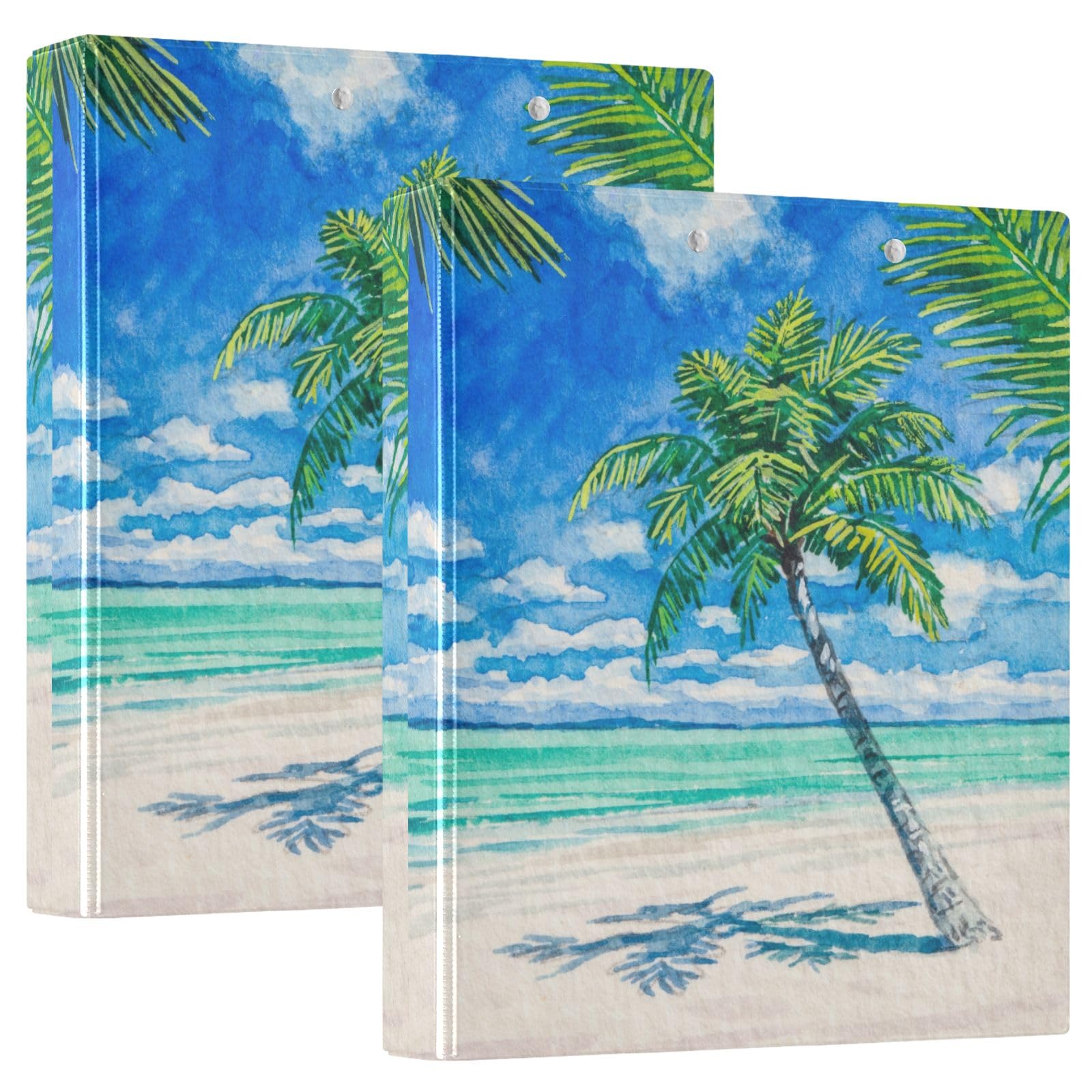 3 Ring Binders Ocean Beach Palm Trees 1.5in Binder Round Rings Holds 200 Sheets with Interior Clear Pockets Clipboard for Office School Work,2 Pack