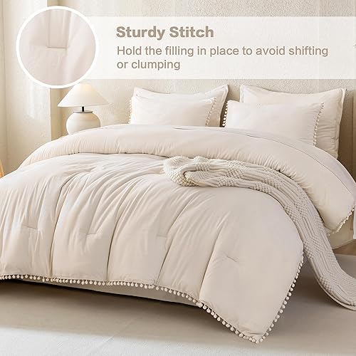 Miniatura 4 de Litanika Juego de edredón de tamaño matrimonial, 3 piezas, color beige, bohemio, con pompones, ligero, para todas las estaciones, suave y liso, para