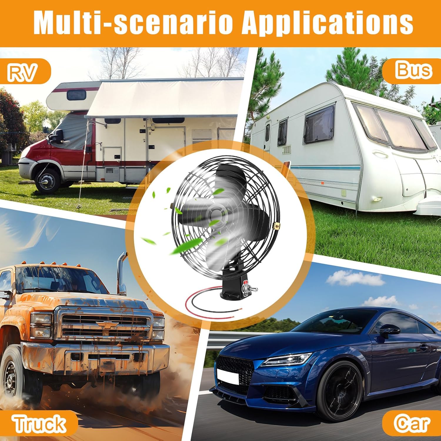 2 Pcs 12V RV 8 Inch Cooling Fan with 2 Speed Switch Heavy Duty Black Portable Manual Swivel Metal Fan for Auto Car Vehicle Truck RV Boat Camper Bus