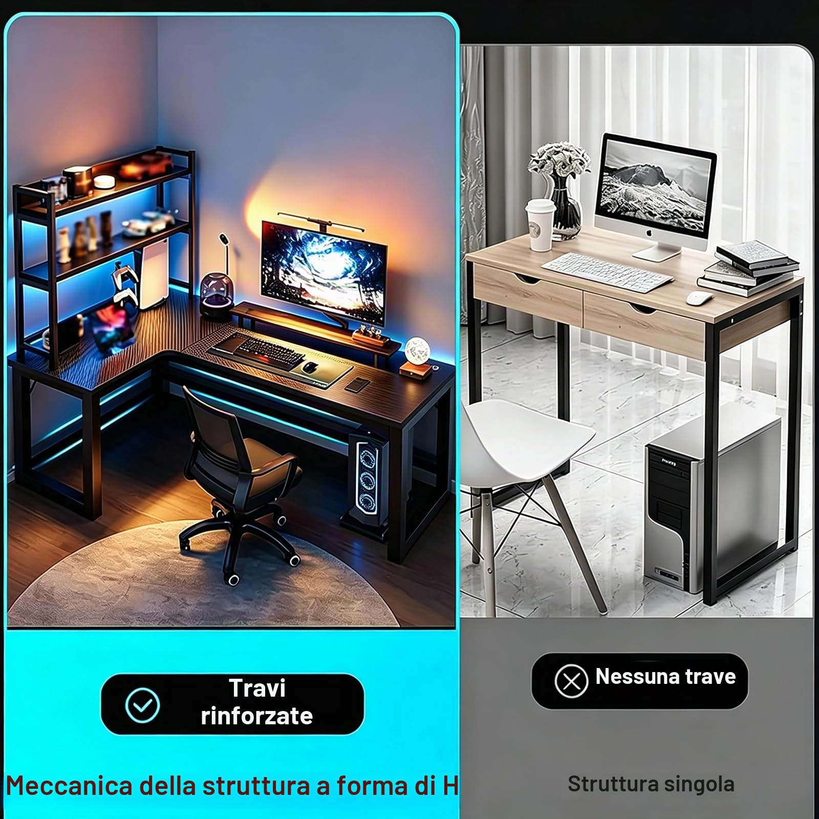 Tavolo per Computer Tipo L, Grande Scrivania Esecutiva, Finitura in Fibra di Carbonio, Base Tipo H, Gestione del Cavo, Capacità 100kg, Tavolo da Gioco Angolare Destro, 140 * 100cm