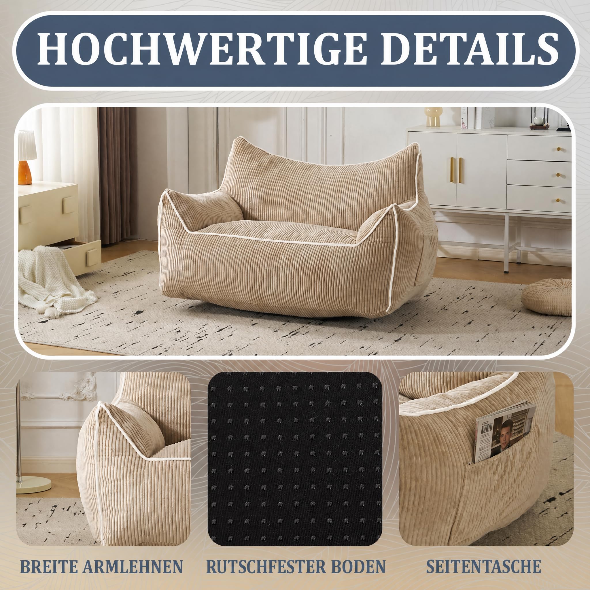 Sitzsack Cord mit Rückenlehne, Sitzsack Erwachsene mit Füllung, Großer Bean Bag aus Kunstfell, Bequemer Lounge-Sessel mit Hochdichtem Schaumstoff, Schlafzimmer & Wohnzimmer, Beige