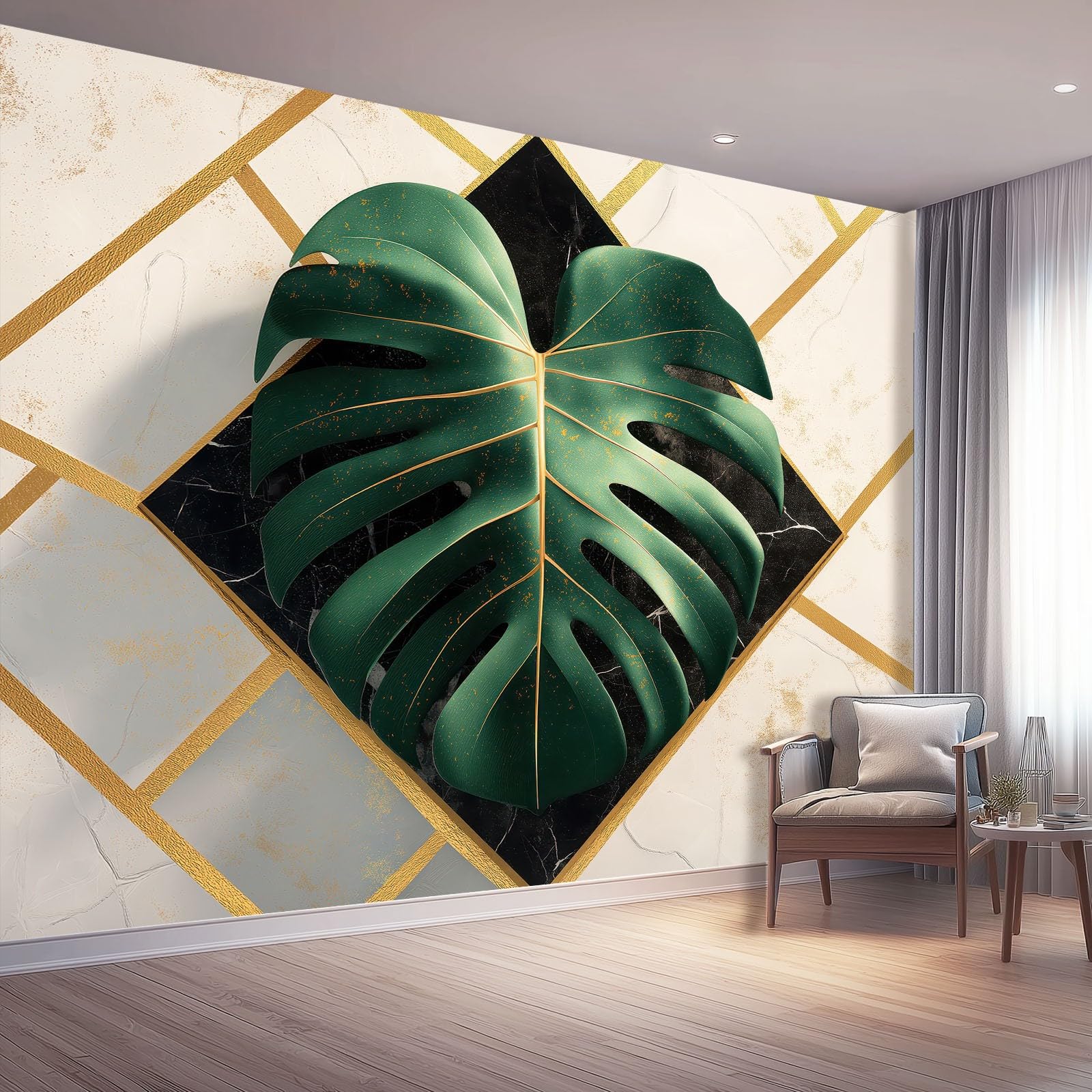 Bardzo duży mural ścienny 400 x 280 cm (szer. x wys.), zielony luksusowy styl marmur monstera, tapeta premium wymagana do przestronnego salonu