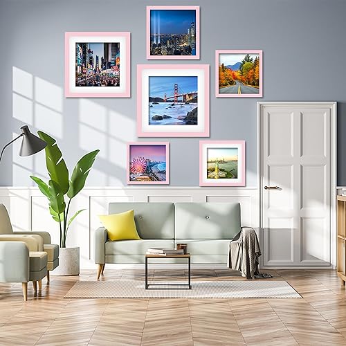 Vista 27 de Marco de fotos de madera de 9 x 9 pulgadas para colgar en la pared o en la mesa, marcos de fotos cuadrados con 1 paspartú de 7 x 7 pulgadas