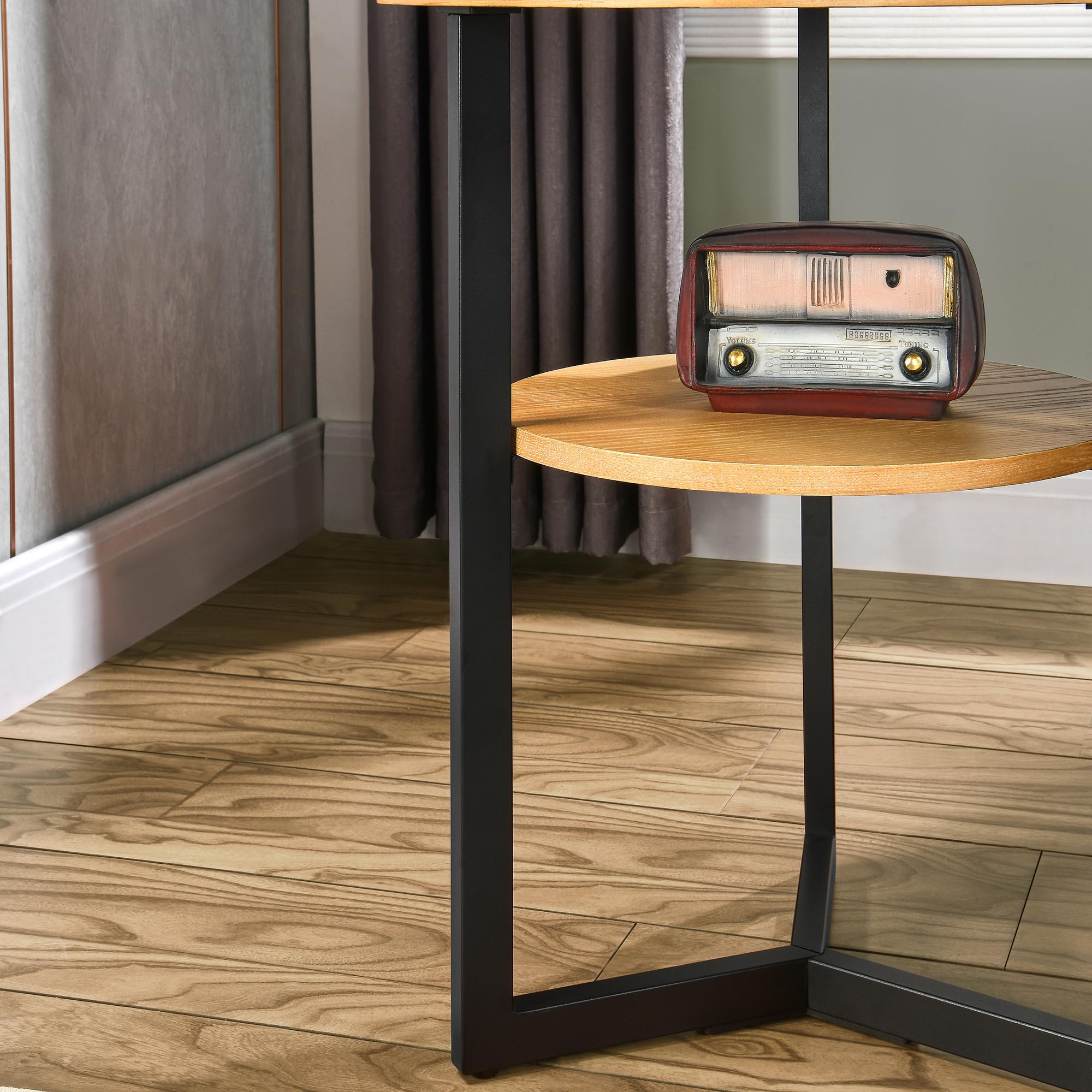 Table d'appoint ronde en bois massif, Petite table basse,Tables Basses Design 2 Étages avec Cadre en Fer Industriel et Plateau en Bois Massif – Style Scandinave/Rétro – Multifonctionnelle