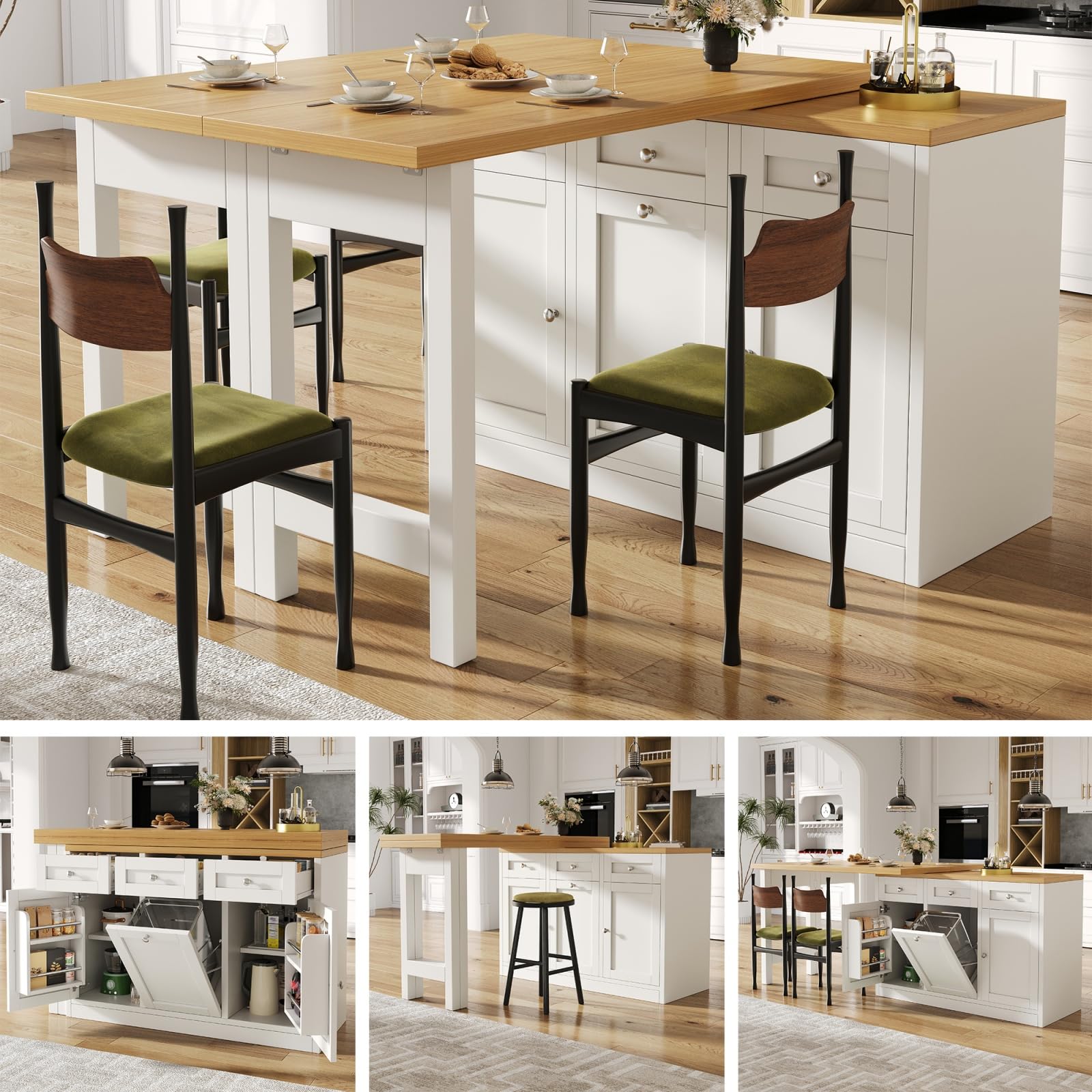 YEHTOKHOME Îlot Central Cuisine avec Rangement et Plan de Travail, Table à Manger Extensible 120-200 cm, 3 Tiroirs et 2 Portes, Étagère Snack, Support Poubelle, Table de Bar (A-Blanc)