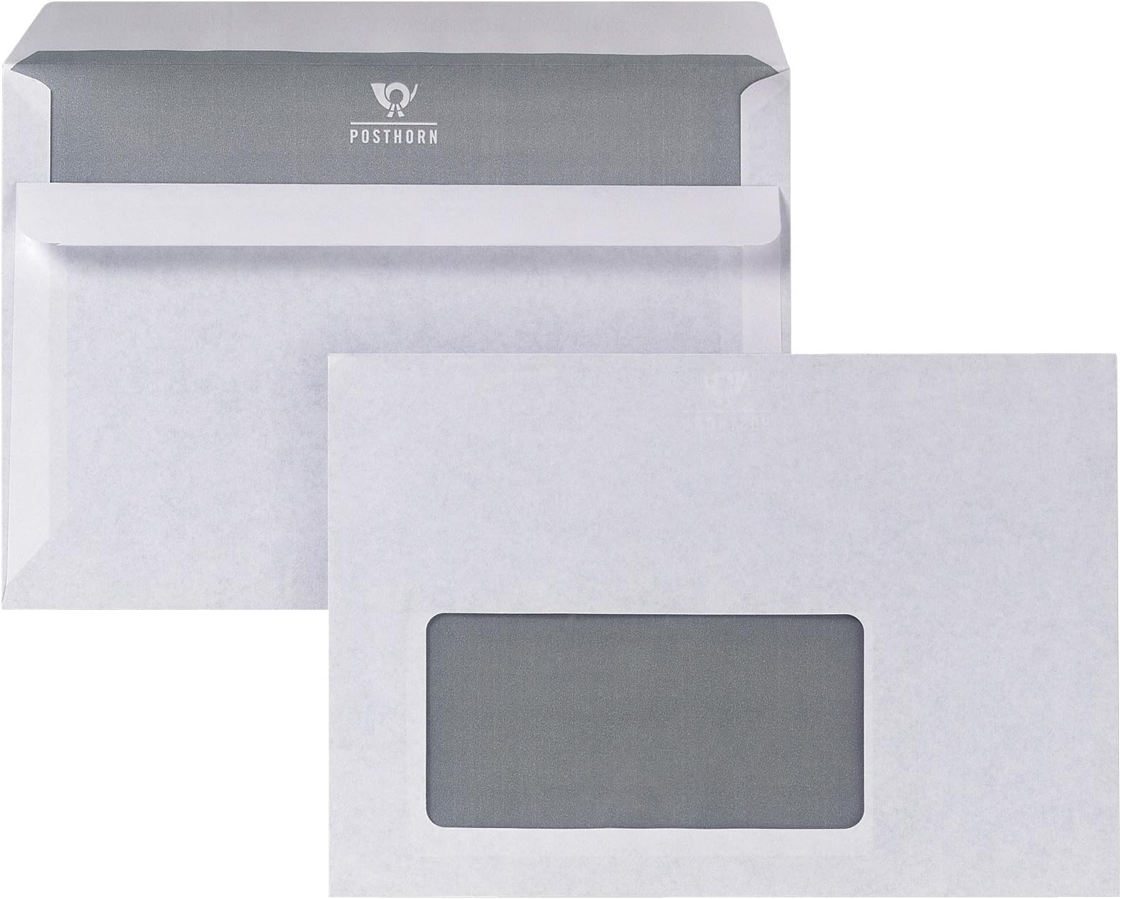 POSTHORN MADE BY BONG C6 Envelopes with Window and Self-Adhesive Double Flap, White Envelopes with Grey Inner Print, 114 x 162 mm, 75 g/m², Pack of 1000