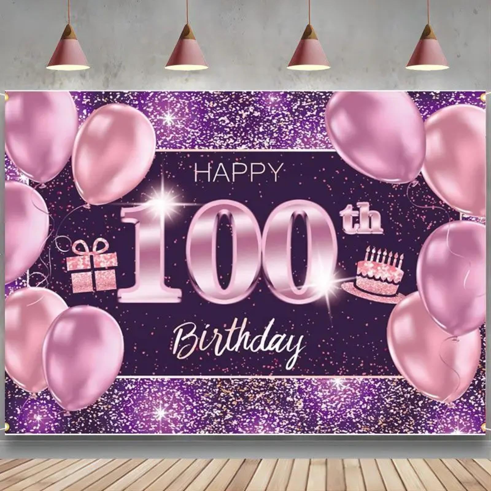 Baner "Happy 100th Birthday" tło na 100 urodziny dekoracje na przyjęcie dla kobiet różowe fioletowe złoto 300 x 200 cm