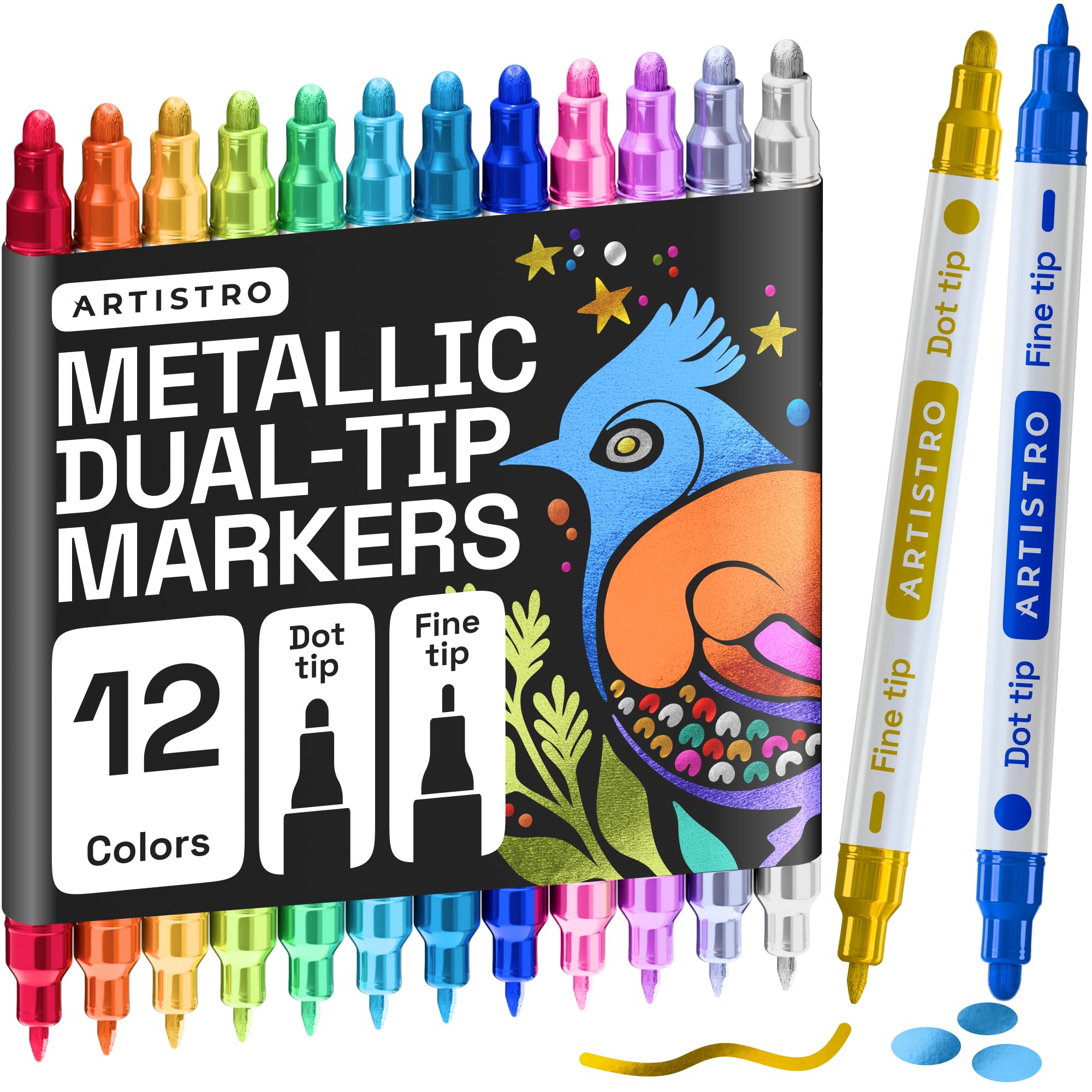 ARTISTRO 12 Metallic Dual-Tip Acrylic Paint Marker Pens