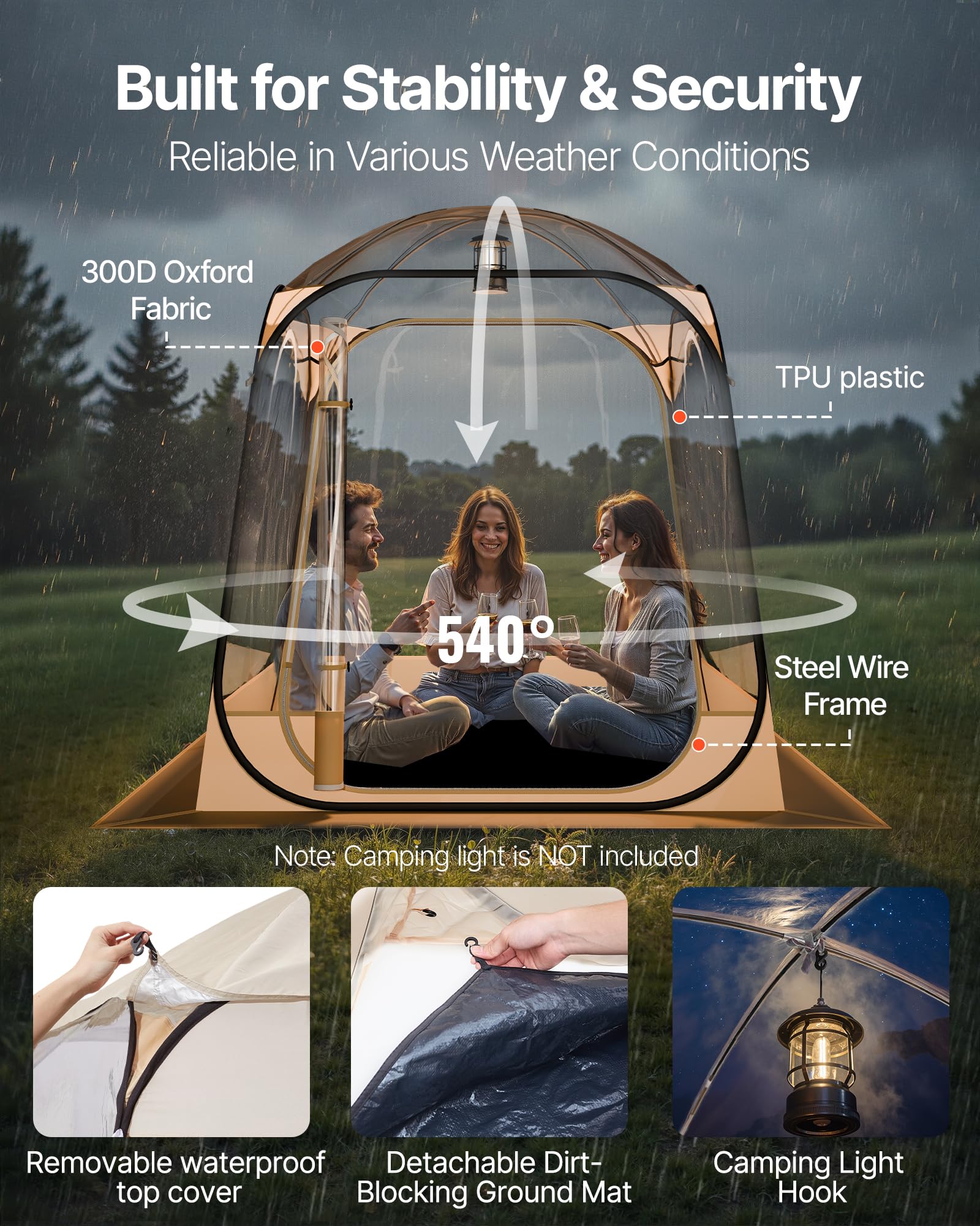 VEVOR Transparentes Zelt, 160x160x182 cm, Pop-up-Zelt für 2–4 Personen, Sportzelt mit Bodenmatte & oberer Abdeckung, Outdoor-Bubble-Zelt, Campingunterstand für Veranstaltungen, Angeln, Jubeln