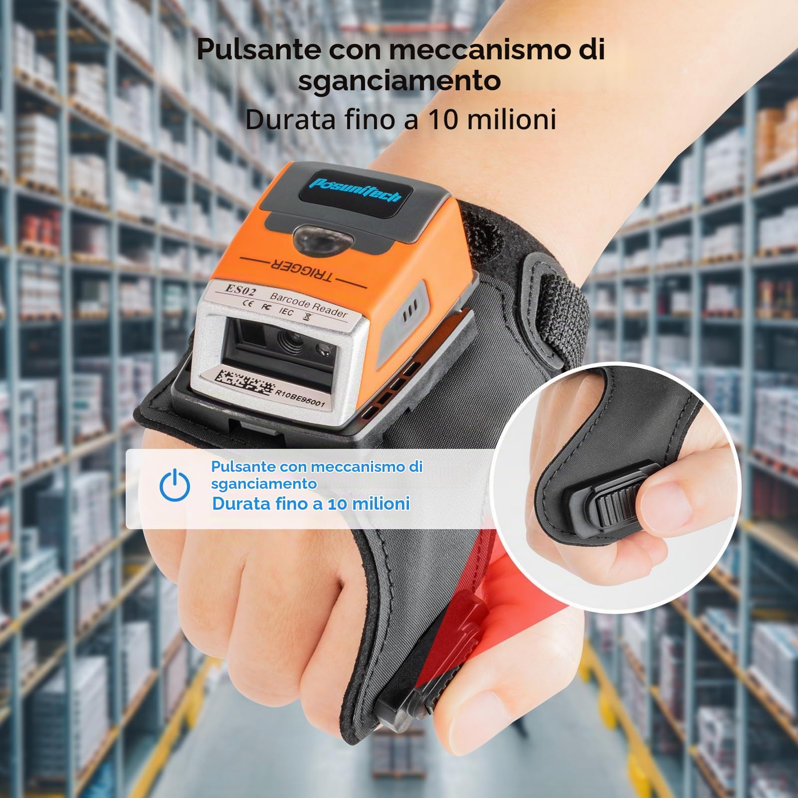 ES02 scanner per codici a barre guanto, scanner portatile Bluetooth 2D, grado di protezione IP65, adatto per magazzino, produzione, trasporto, raccolta e altre applicazioni.
