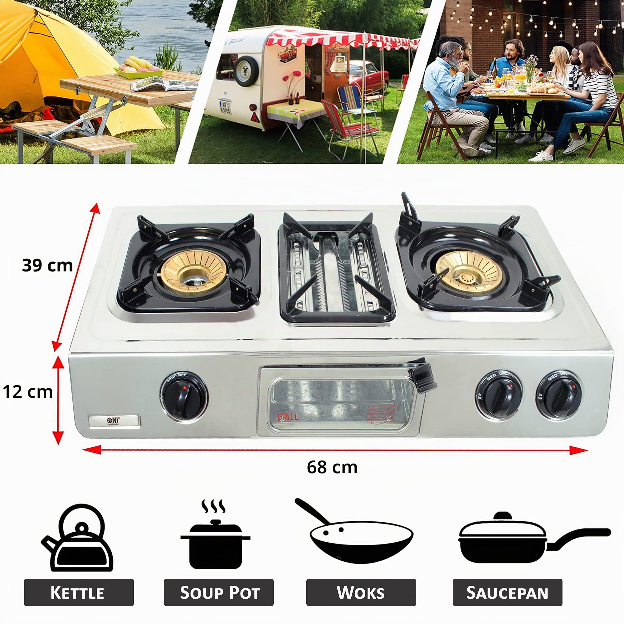 NJ GC-87 – Placa de cocción a gas, con 2 quemadores, parrilla y horno, superficie de acero inoxidable, para uso al aire libre