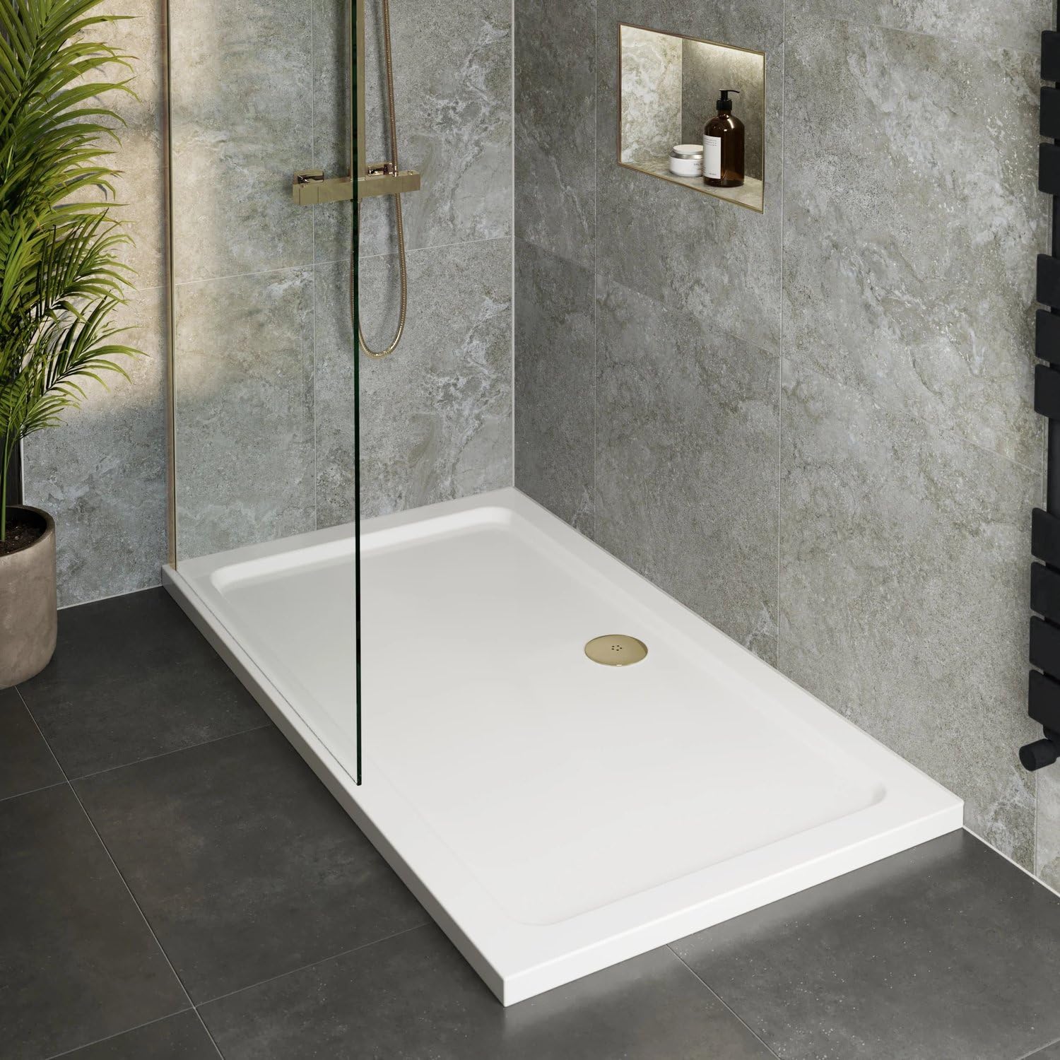 Hydrolux® 1400 x 700 x 45mm White Bathroom Low Profile Shower Tray for Enclosures Cubicles & Wet Room with Brushed Brass Waste, Rectangular — image 1