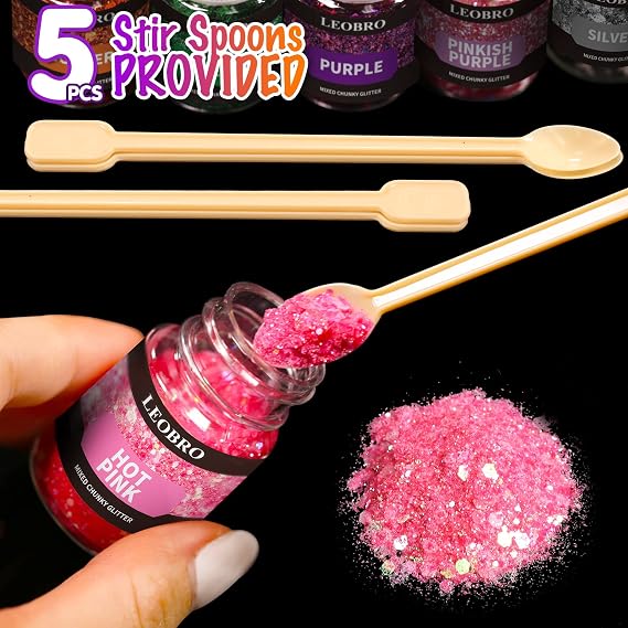 LEOBRO Holographic Chunky Glitter, 15 Colors Craft Glitter for Resin, Nail Body, Jewelry Arts and Crafts, with 5 Mixing Spoons