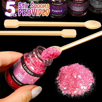 LEOBRO Holographic Chunky Glitter, 15 Colors Craft Glitter for Resin, Nail Body, Jewelry Arts and Crafts, with 5 Mixing Spoons