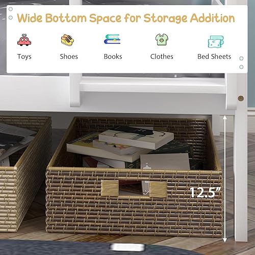 Miniatura 8 de Giantex Litera individual sobre individual blanca, litera de madera maciza con escalera resistente y rieles de seguridad de 12 pulgadas, marco de