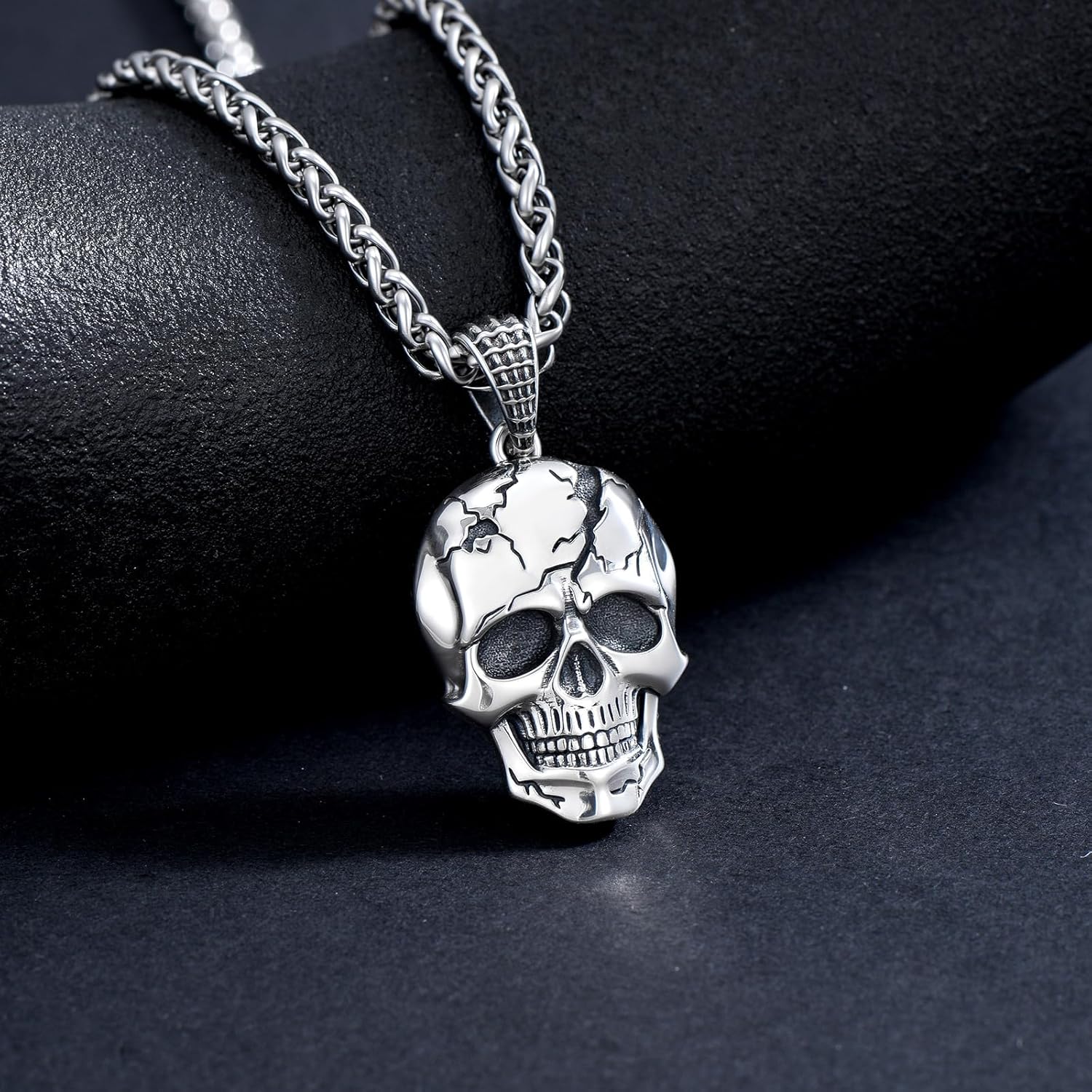 Skull Necklace for Men 925 Sterling Silver Damaged Texture Skull Head Pendant Gothic Skeleton Jewelry for Dad Son - Image 5