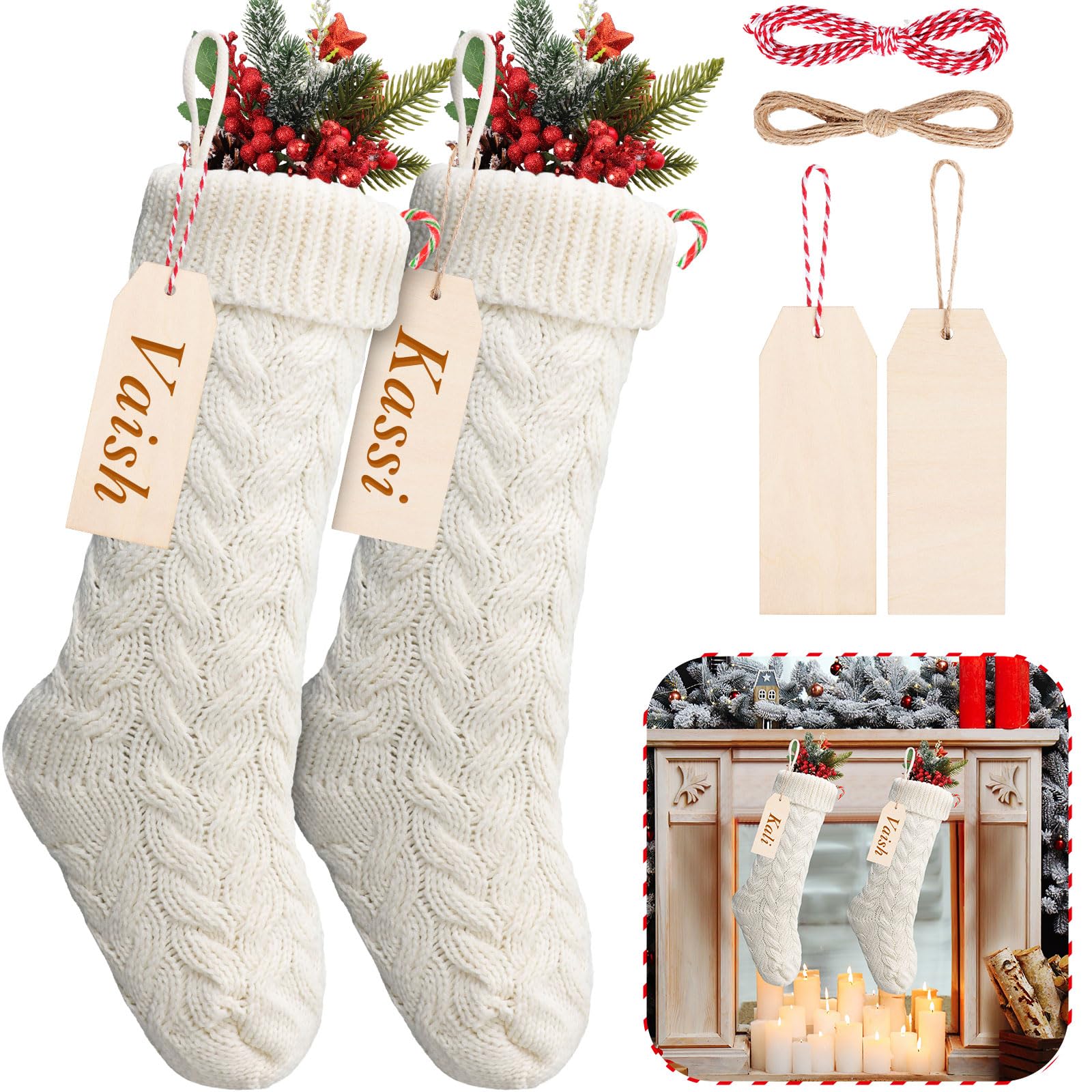 Lot de 2 chaussettes de Noël tricotées en tricot torsadé et étiquettes en bois - Petites pièces vierges avec corde pour décoration de vacances en famille (blanc)