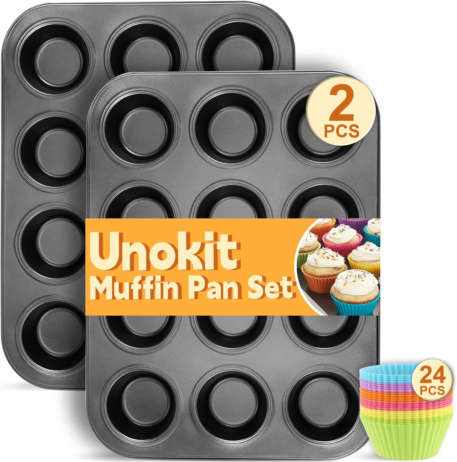 Unokit Muffin Pan for Baking - 2PCS 12-Cup Regular Cupcake Pan with 24PCS Nonstick Cupcake Liners, Carbon Steel Muffin Tin for Oven, BPA Free and Dishwasher Safe