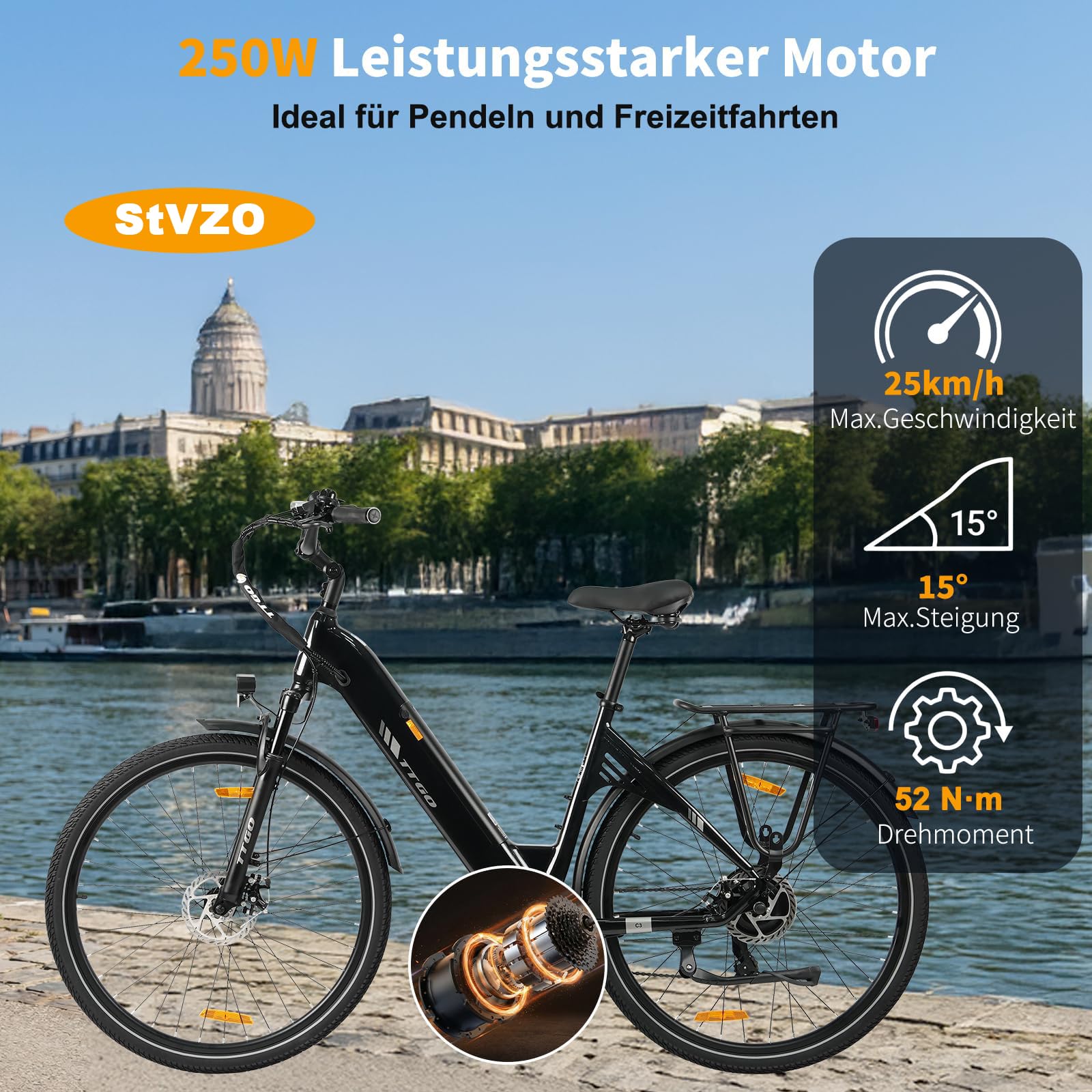 ttgo 28 Zoll E-Bike für Herren & Damen, C3 SE Elektrofahrrad mit 36V 18AH Akku, 250W Motor, bis zu 120 km Reichweite, E-Fahrrad mit 7-Gang-Schaltung, LCD-Display, 25 km/h Pedelec Citybike E Bike