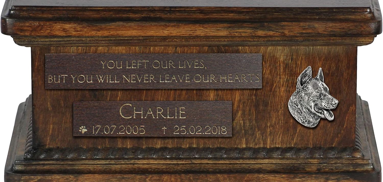 Art-Dog Custom Dog Sitting Statue Memorial Urn - Handmade Cold Cast Bronze on Birch Base – Sturdy and Stylish Urn for Dog’s Ashes – 8.3x11.4x8.7 – 5l – German Shepherd Dog