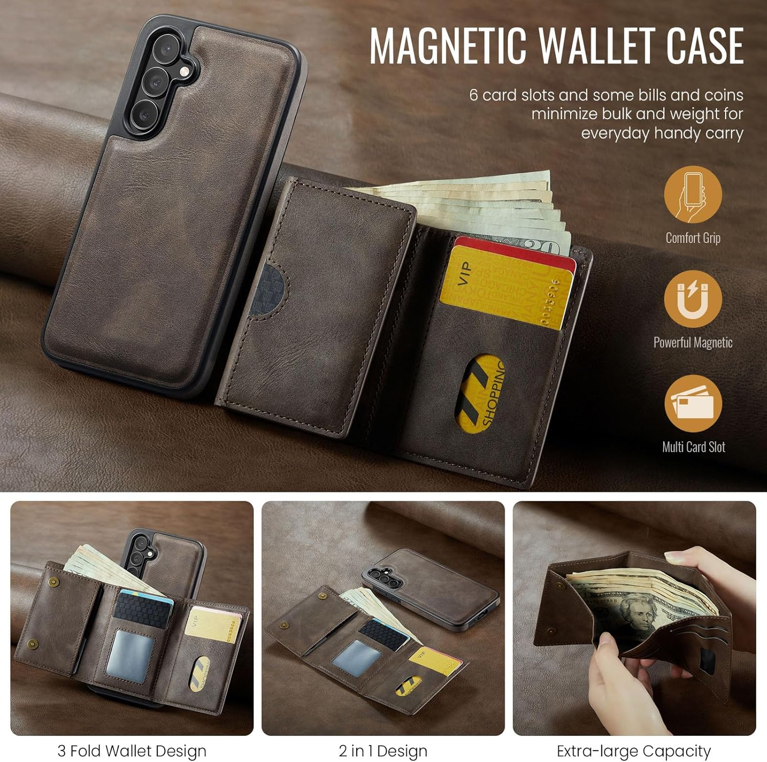 Asuwish Phone Case for Samsung Galaxy S25 5G Wallet Magnetic Detachable Cell Cover with Wireless Charging and RFID Blocking Credit Card Holder Flip Stand Rugged S 25 25S G5 Women Men Coffee