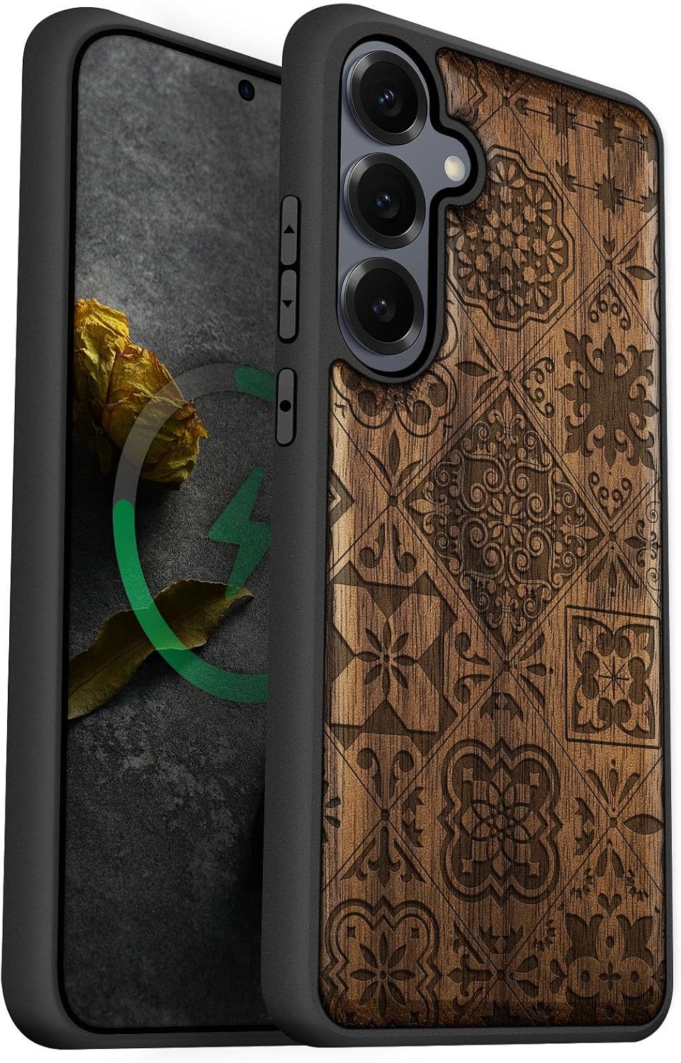 Carveit Magnetic Wooden Case for Galaxy S25+ Samsung S25 Plus Case, TPU Shockproof Cover & Wood Engraved, Compatible with MagSafe Wireless Chargers (Tapestry of Moroccan Tiles) Walnut