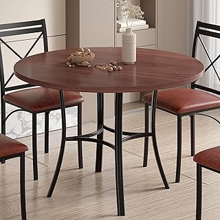 VECELO 36" Round Dining Table for 4, Wood Grain Dinette with Metal Frame for Kitchen, Apartment, Home, Space-Saving, Brown
