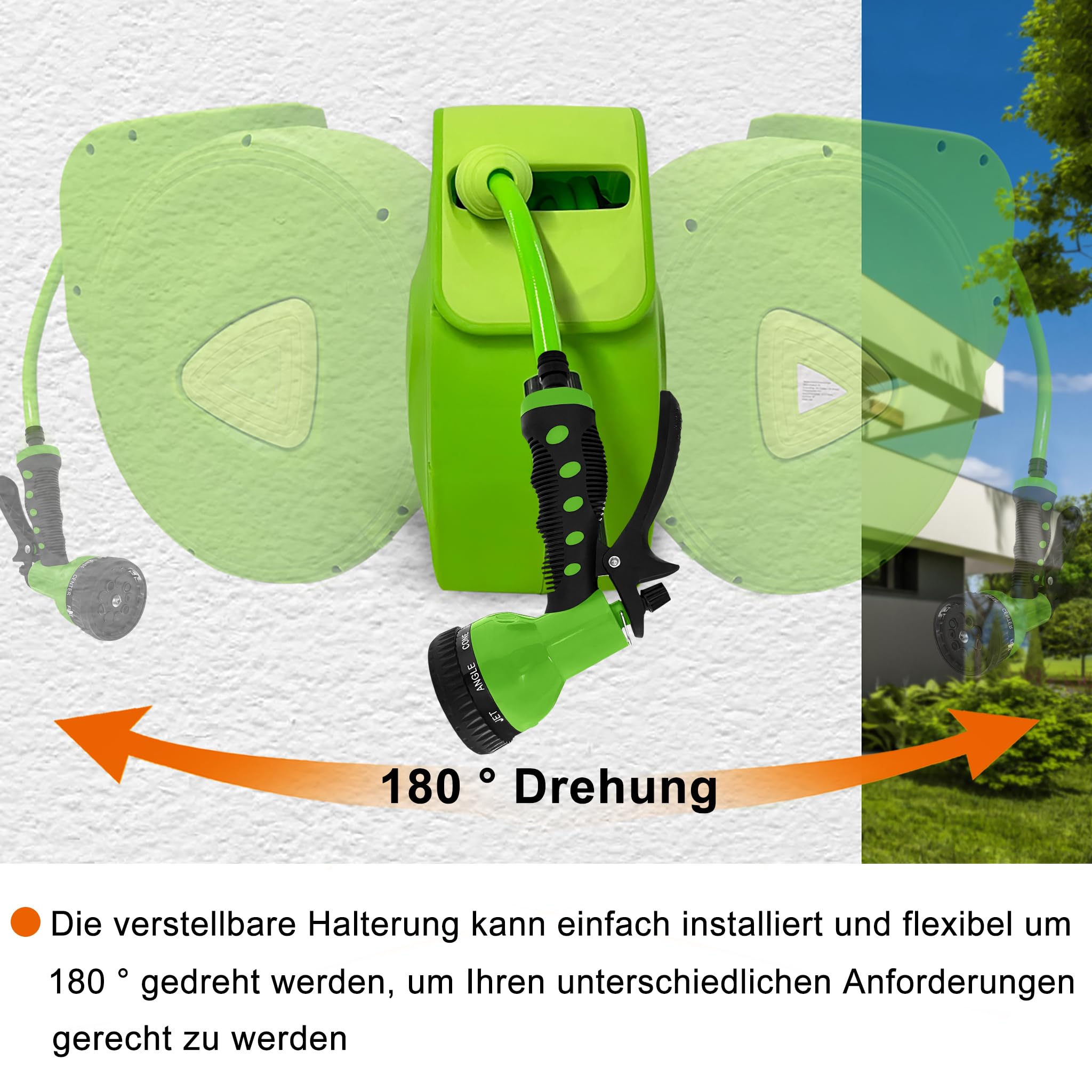 Aufun Carrete de manguera Retráctil 30m + 2m automático con Ducha de mano, Soporte de pared Múltiple con asa de Transporte para jardín, riego, lavado de autos (Verde,30M)