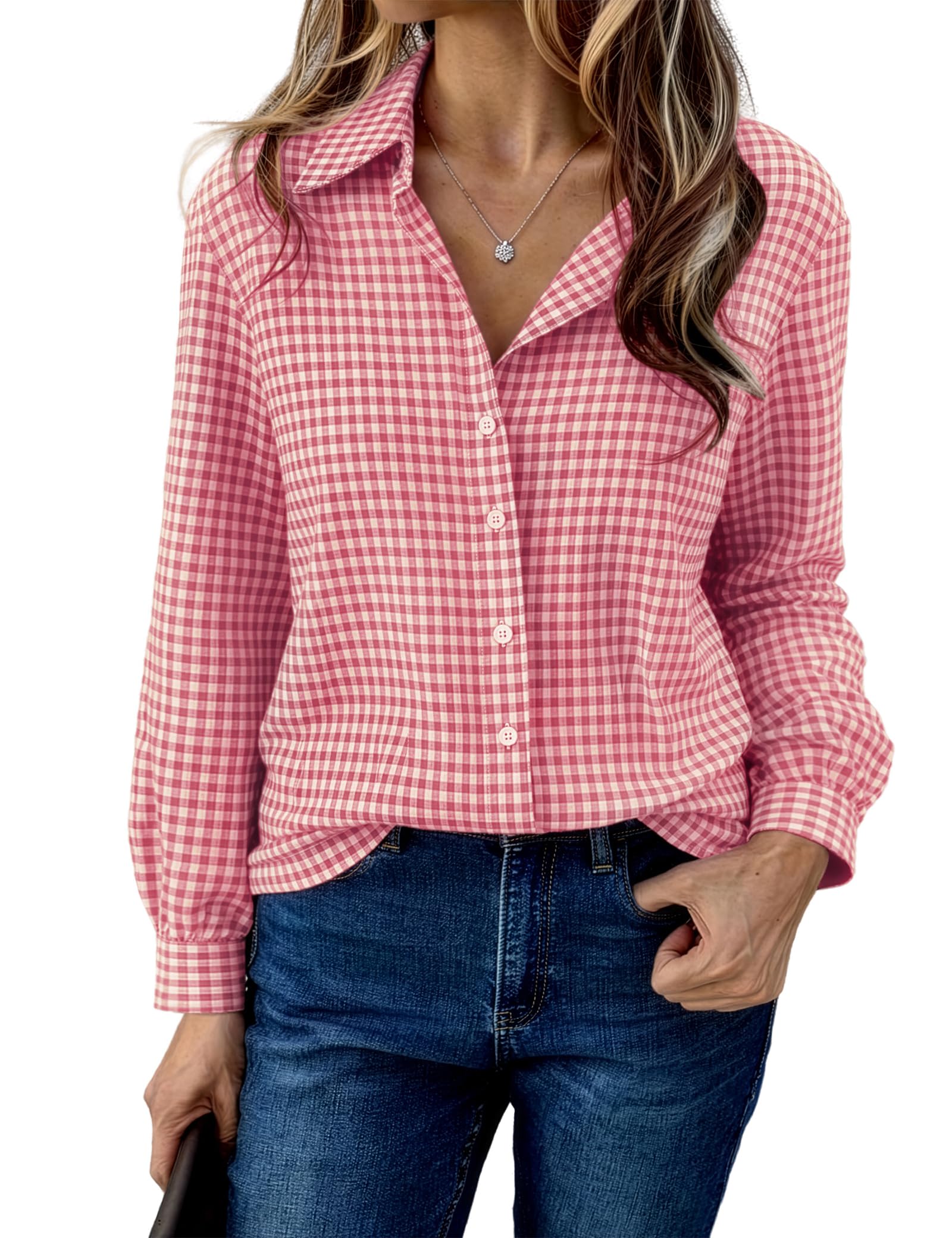 Aottori Karierte Bluse Damen Baumwolle Langarm Hemd Button Down V-Ausschnitt Blusen Elegant Casual Holzfäller Frauen Trachtenbluse Oktoberfest