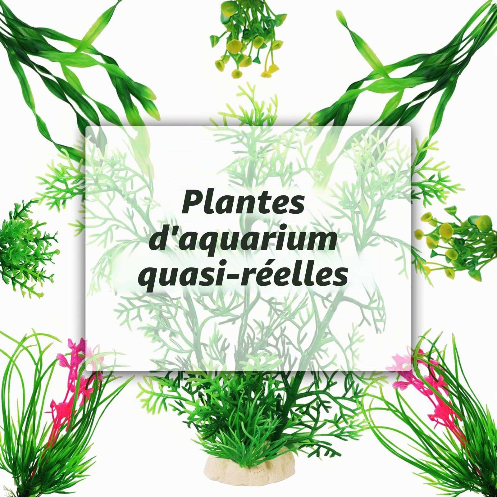 QUOZUO Vert Plantes Artificielle Aquarium Decoration avec Rocher Polyrésine Grotte Ornement, Cachette Décoration pour Aquarium Poissons, 9 Pièces