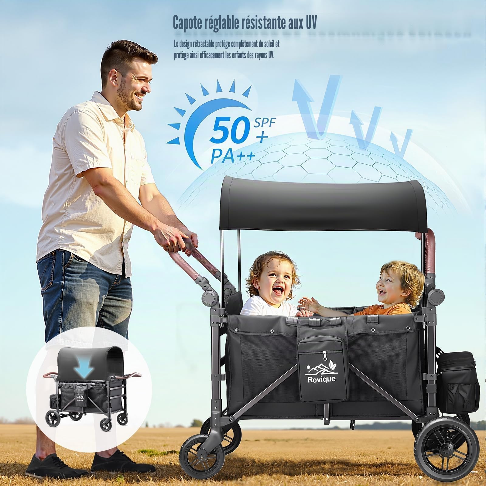Chariot pliable avec toit pour 4 enfants, avec toit, plateau amovible, harnais à 5 points, poignée réglable, siège haut et grand espace de rangement, noir