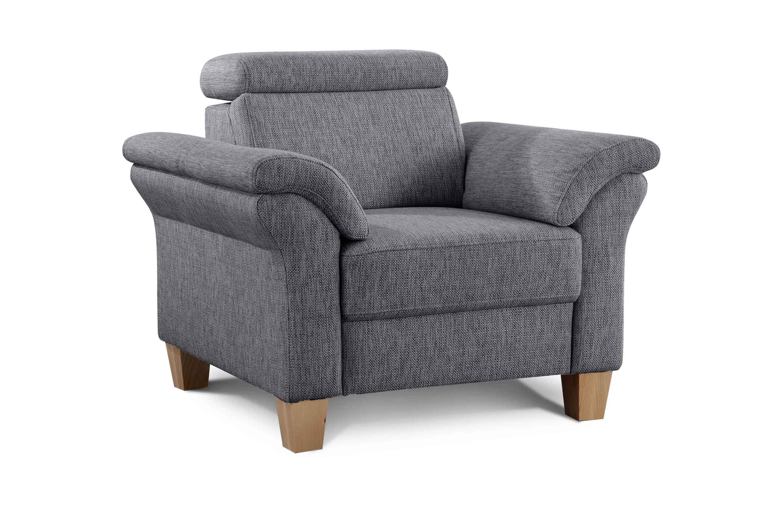 Cavadore Sessel Ammerland inkl. Federkern und Kopfteilverstellung / Großer Polstersessel im Landhausstil / Passend zur Sofagarnitur Ammerland / 101 x 84 x 93 / Strukturstoff grau