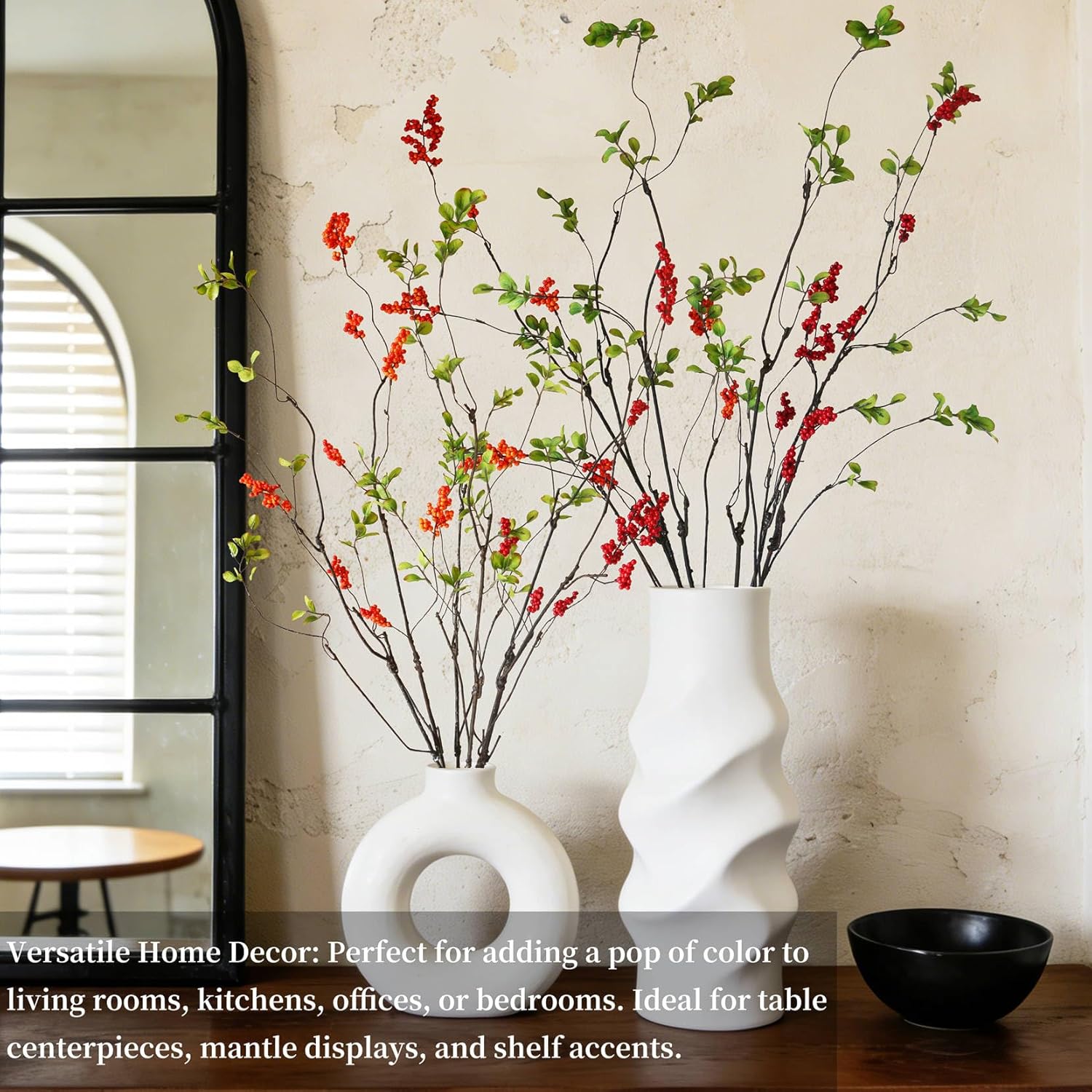 6 Pcs Artificial Ficus Branches with Red Orange Berries, 38'' Faux Eucalyptus Greenery Stems - Fake Twig Plants Vase Filler for Home Decor Centerpieces, Wedding Table Decoration, Year-Round Use