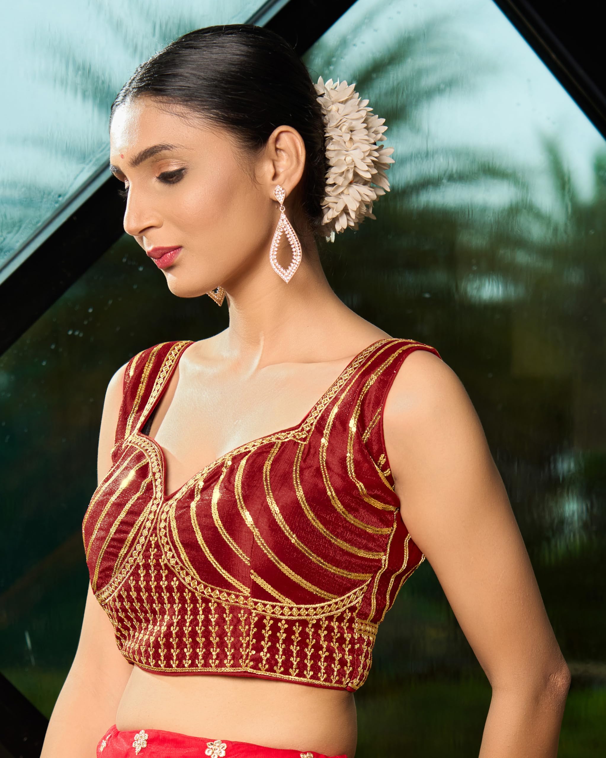 Pujia Mills Women's Readymade Blouse Embroidery Multi Coding Gold Thread Indian Ethnic Designer Stitched Readymade Saree Sleeveless Red Blouse For Women For Saree Lehenga Choli