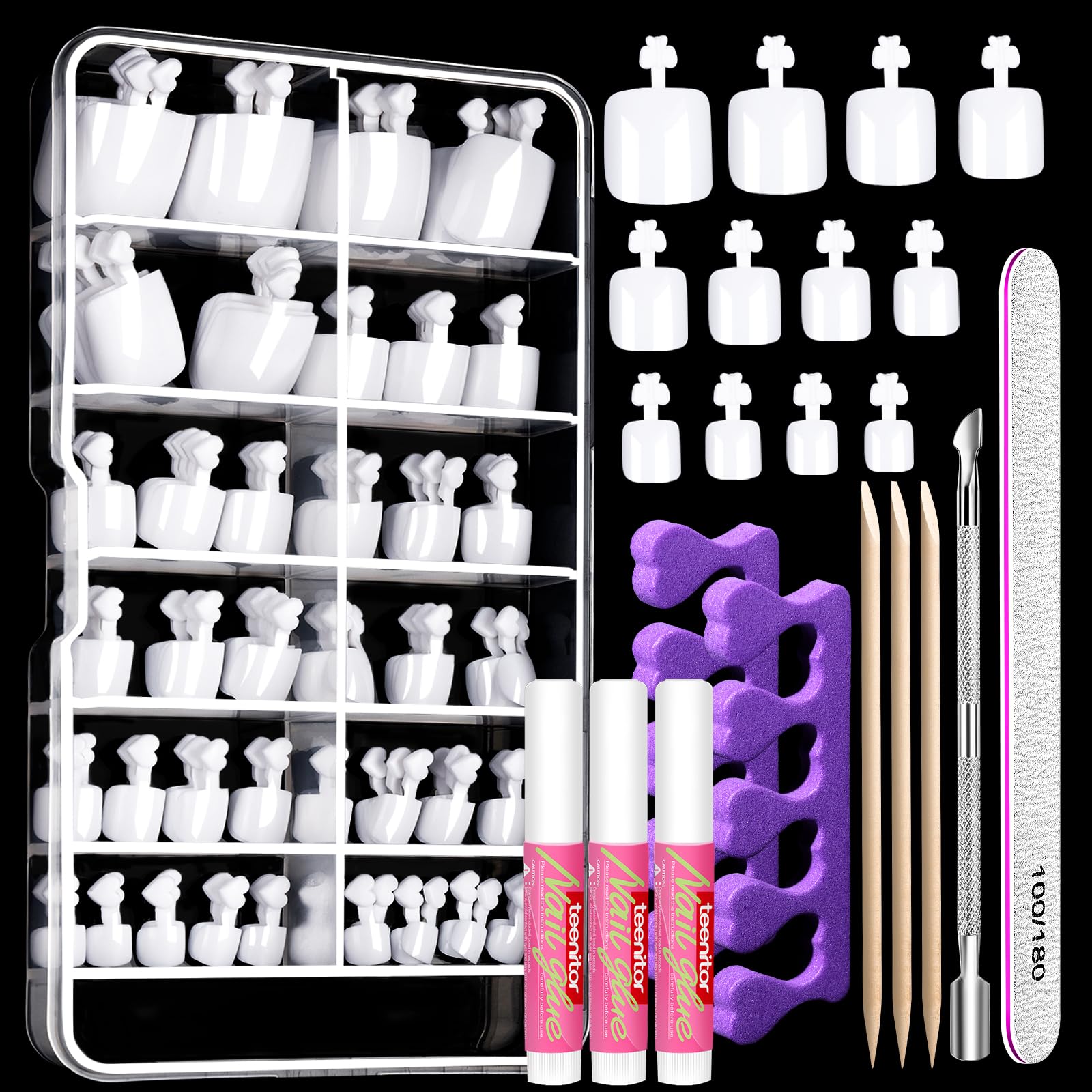 Teenitor White Press on Toenails for Women with Nail Glue, 120pcs White Toe Nail Press ons Acrylic Toenail Kit, Toe Nail Tips Square, Fake Toe Nails