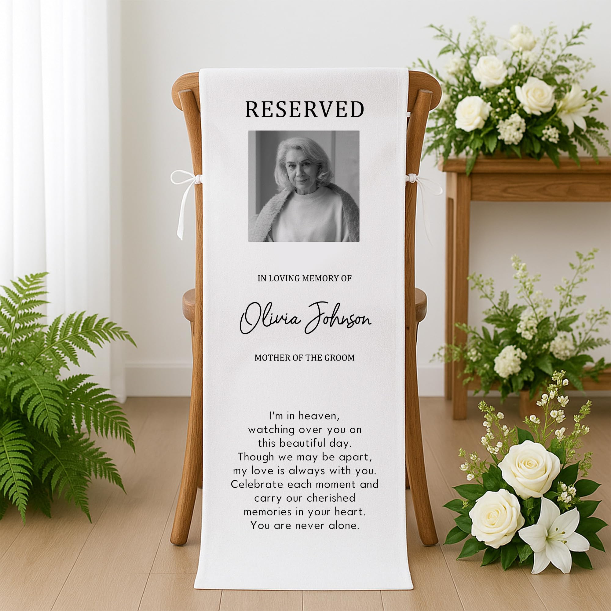 Custom Reserved Memorial Chair Sign for Wedding, Personalized In Loving Memory of Forever in Our Hearts Banner, Sympathy Gift for Loss Seat, Linen Fabric Seat Decoration for Ceremony (white photo)