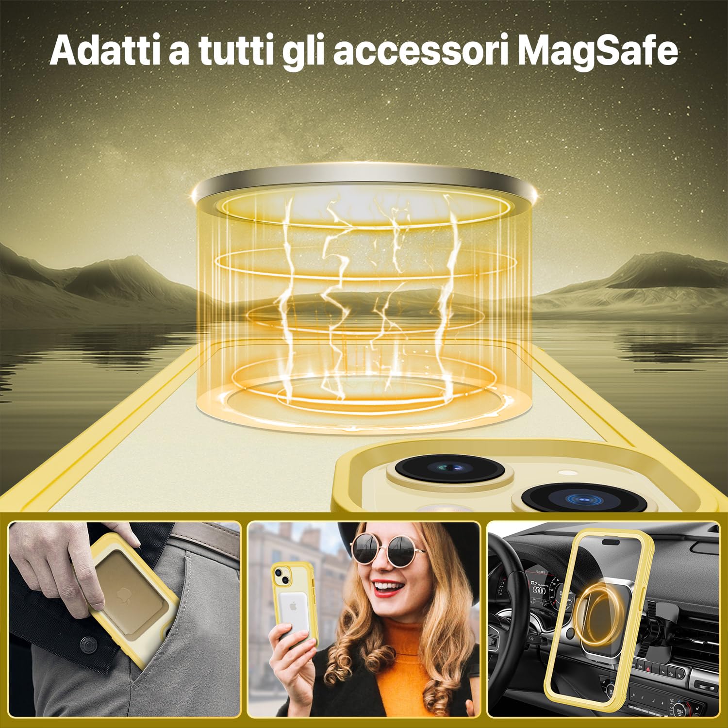 CENHUFO Cover Magnetica iPhone 15, [Compatibile con Magsafe] Integrata [9H HD] Vetro Temperato Schermo e Protezione Fotocamera, 360 Gradi Antiurto Cellulare Custodia Fronte Retro Case - Giallo