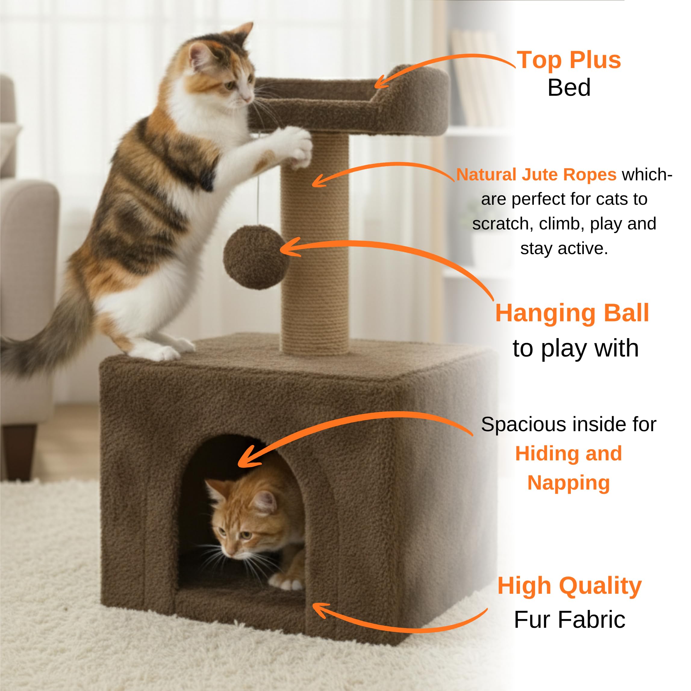 Furrlovers Soft Fur Condo Activity Cat Tree - Sisal/Jute Rope | Scratching Post | Hanging Ball | Suitable for Cats, (Brown - FURR-23) 1