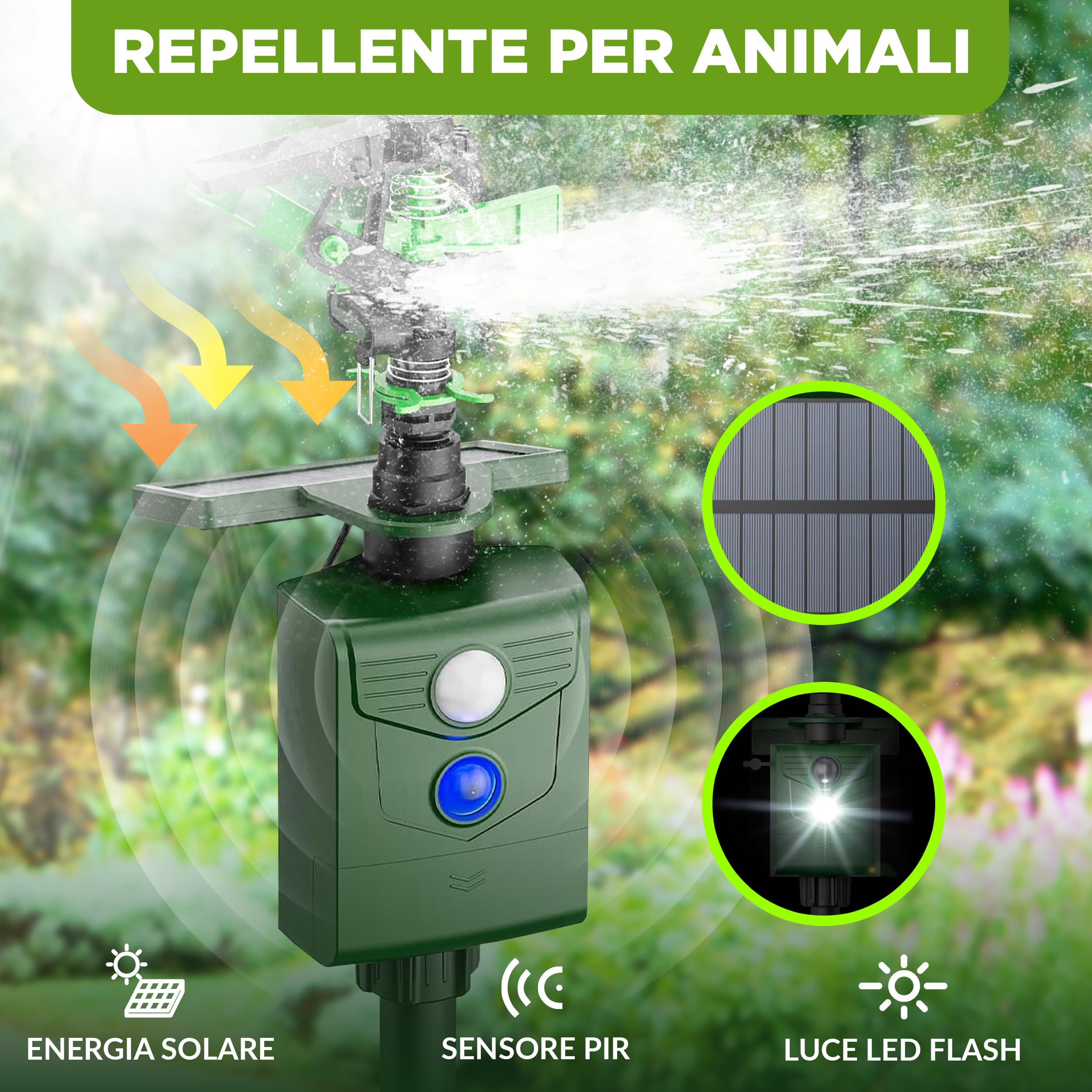 ISOTRONIC® Jet d'acqua Plus Light Dissuasore per animali a energia solare, a energia solare, repellente per cani e gatti, spaventatore per uccelli e aironi per giardino, rilevatore di movimento