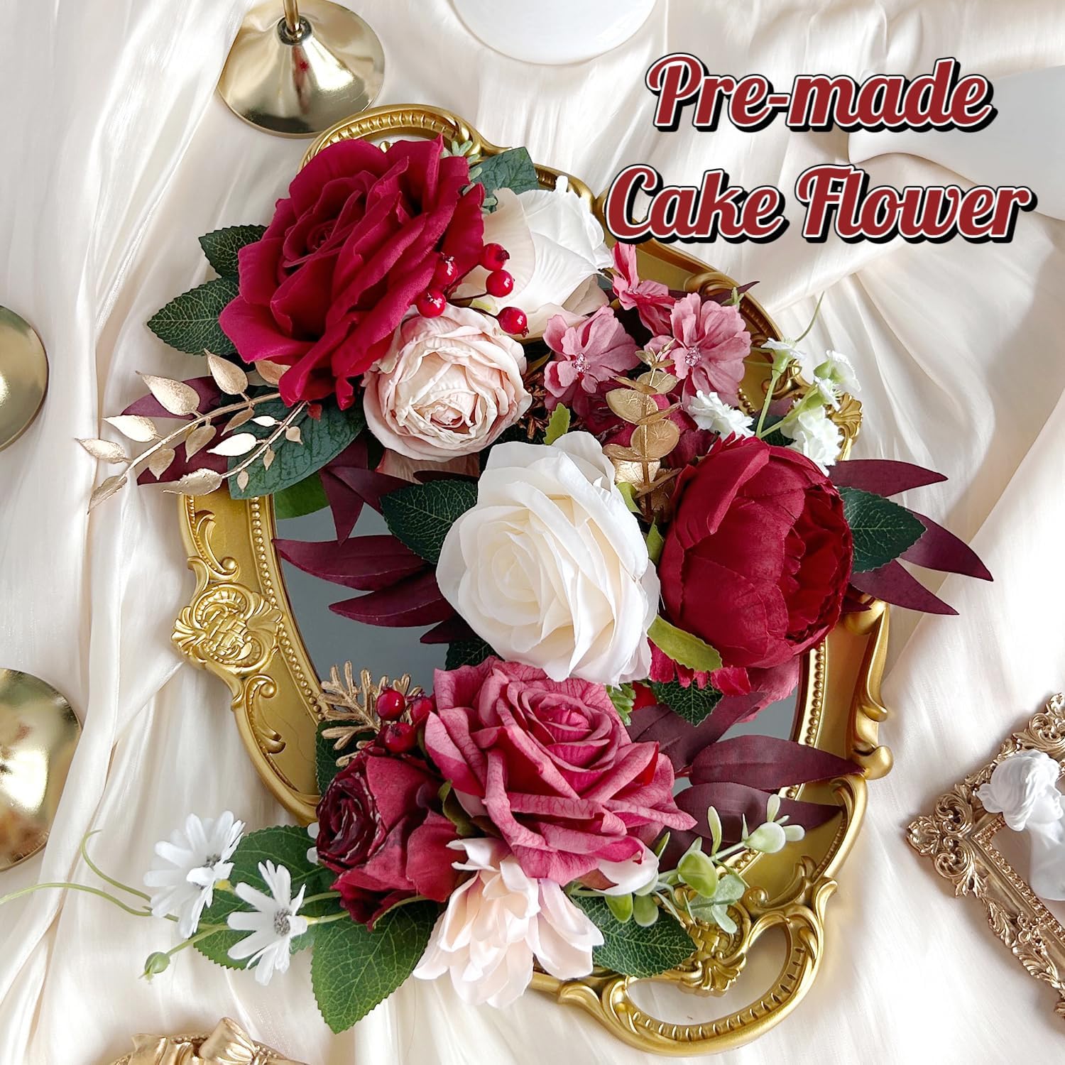 Pre-Made Burgundy Gold Silk Flowers for Cakes Decorations Dark Red Artificial Rose Peony Wedding Cake Toppers Decorating Fake Floral Anniversary Birthday Party Arrangements Table