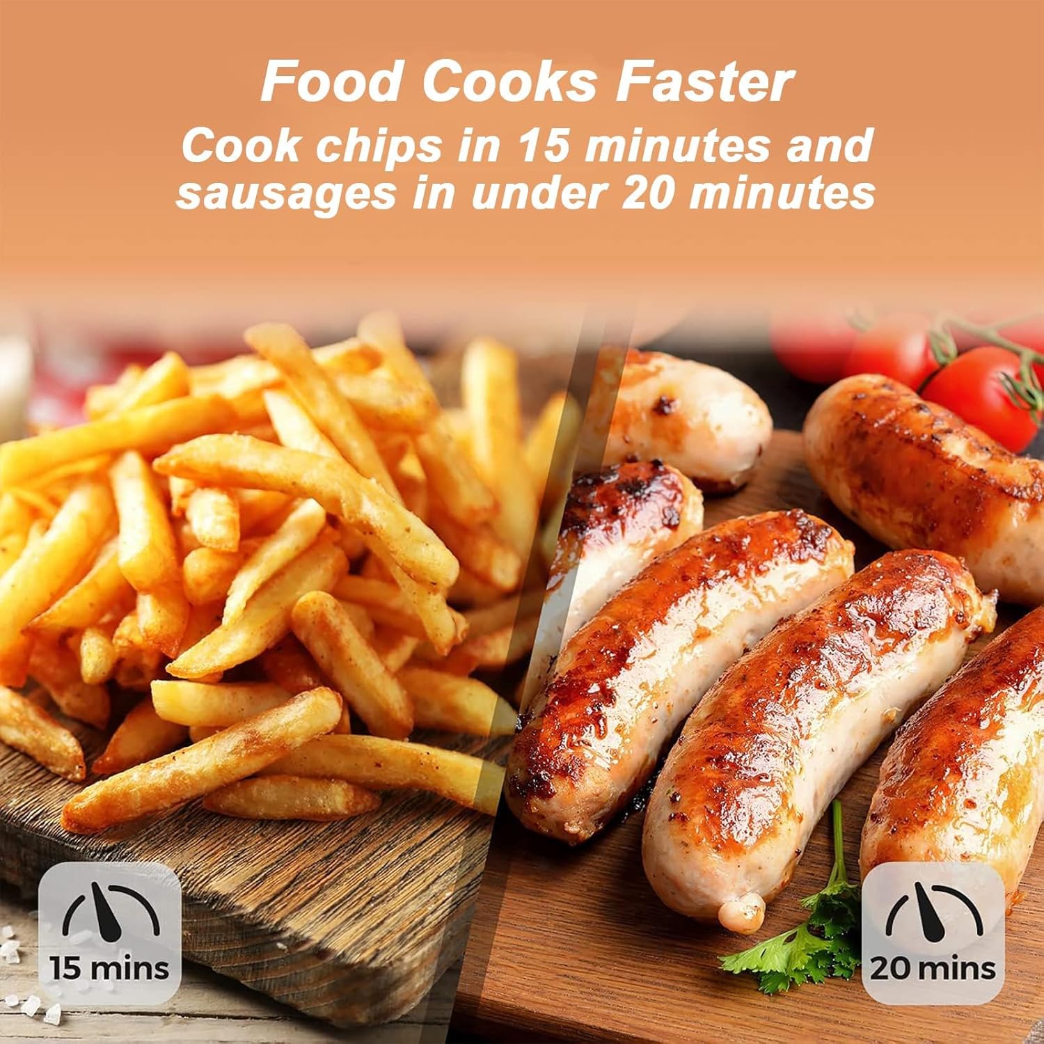 Comparison of cooking times for chips (15 mins) and sausages (20 mins) in the air fryer