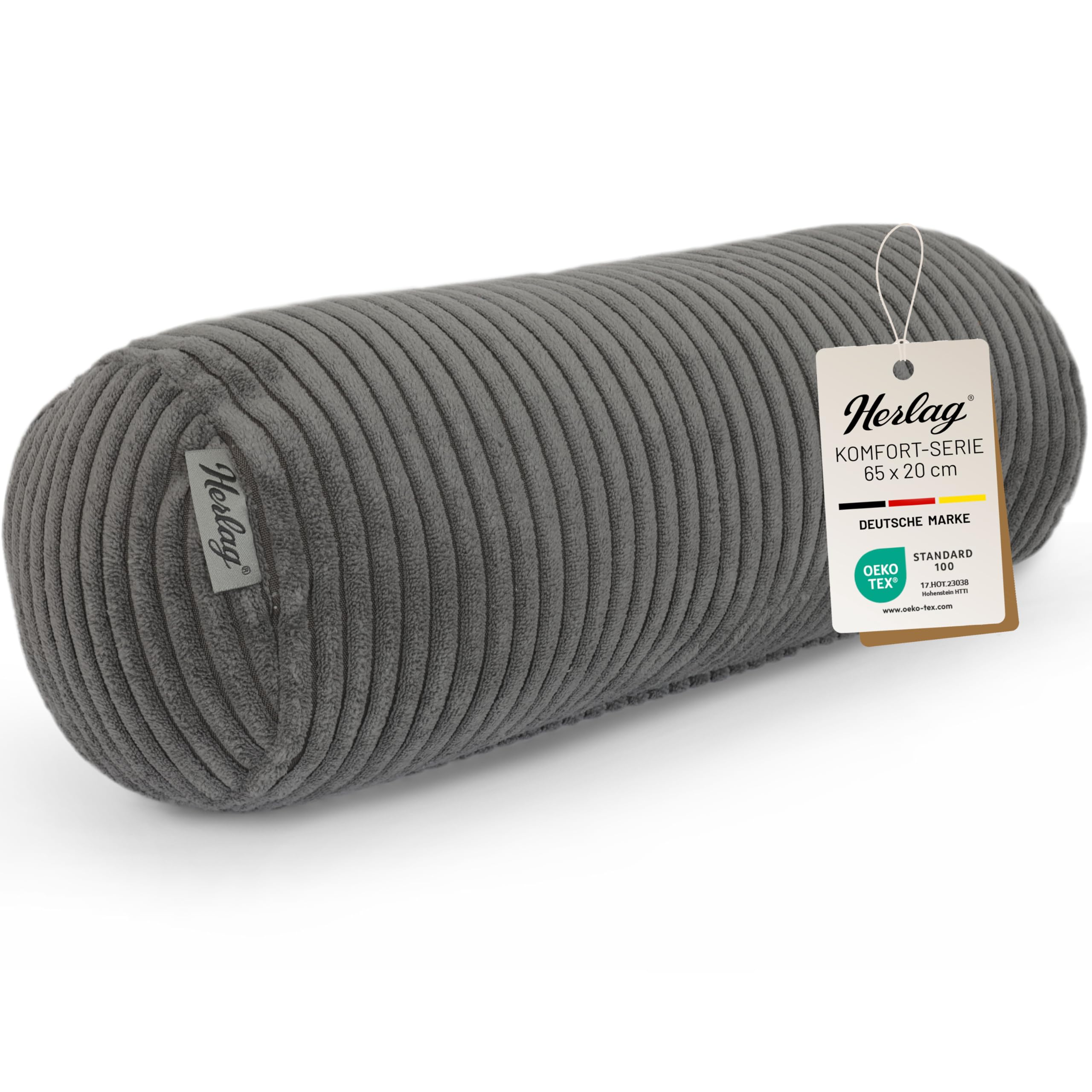 Herlag Kissenrolle Ella Grau 65x20cm - Nackenrolle aus Kord - Seitenschläferkissen - Dekokissenrolle - Öko Tex 100