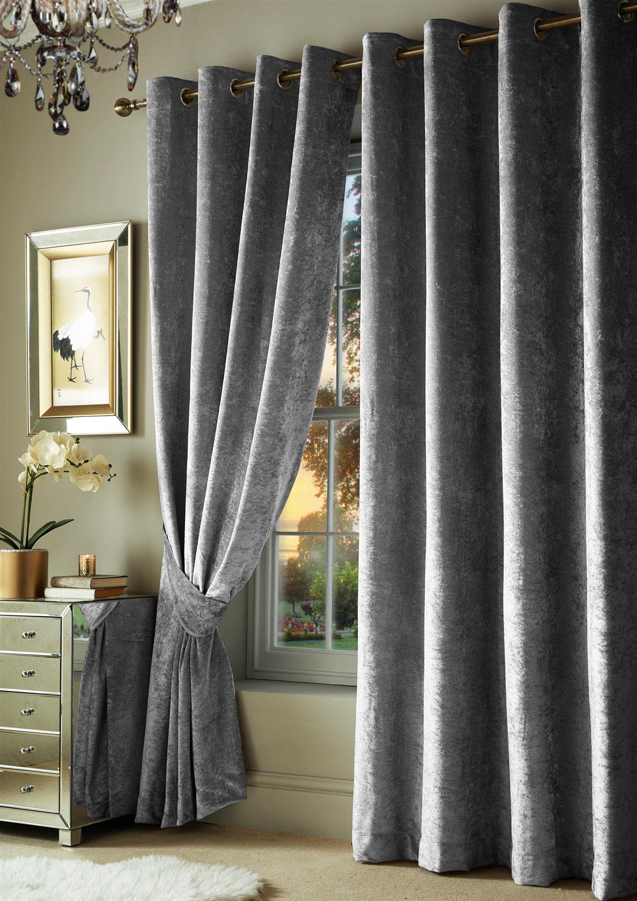 Roseley Crushed Velvet Curtains Eyelet Ring Top Fully Lined For Living Room Kitchen Bedroom 2 Panels Tiebacks Included (Dark Grey, 46 x 72'')