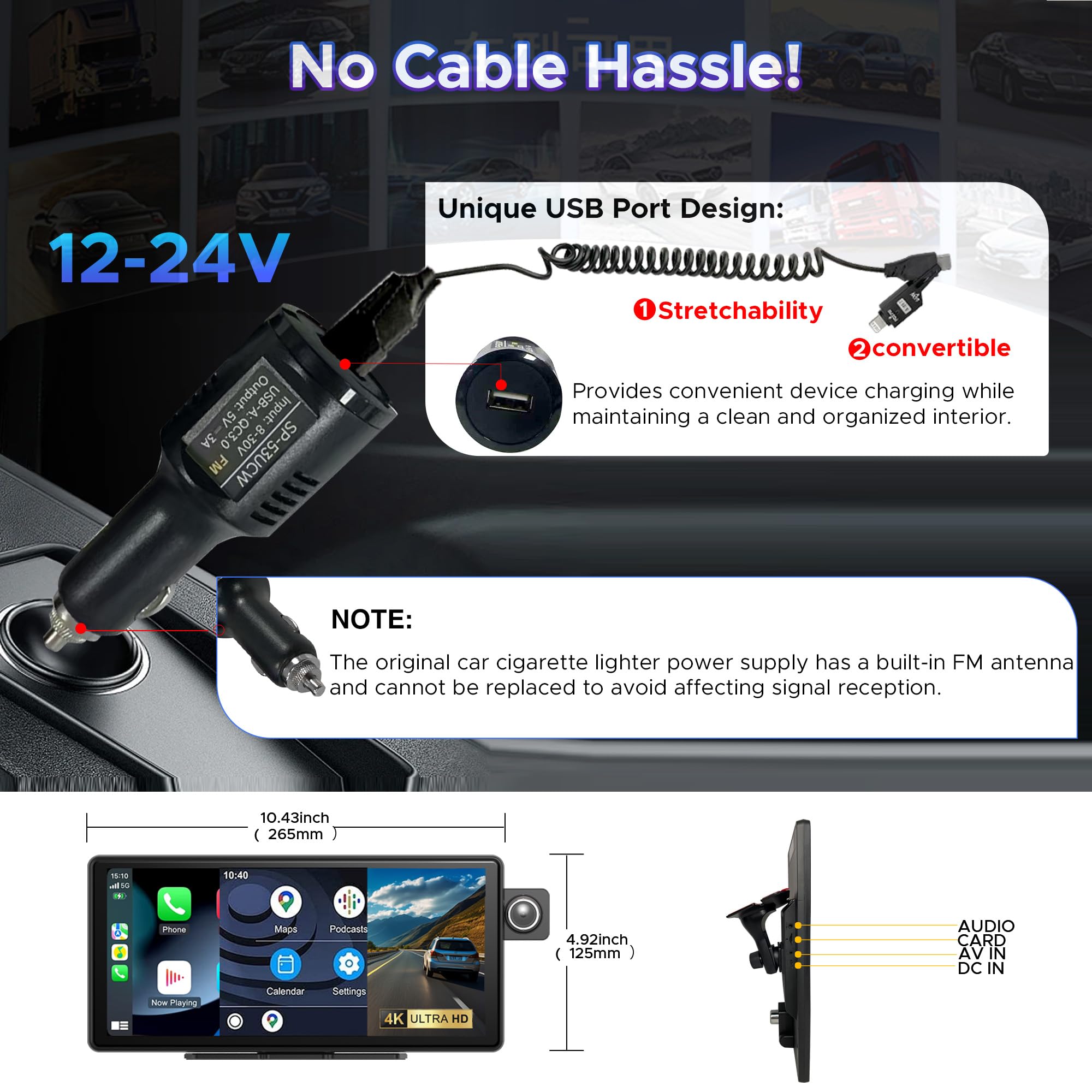 Autoradio 11.36" sans Fil Carplay Android Auto Airplay Caméra Dash Cam 4K avec Caméra de Recul,IPS Écran Tactile, Enregistrement en Boucle,Navigation GPS,Bluetooth,FM,AUX