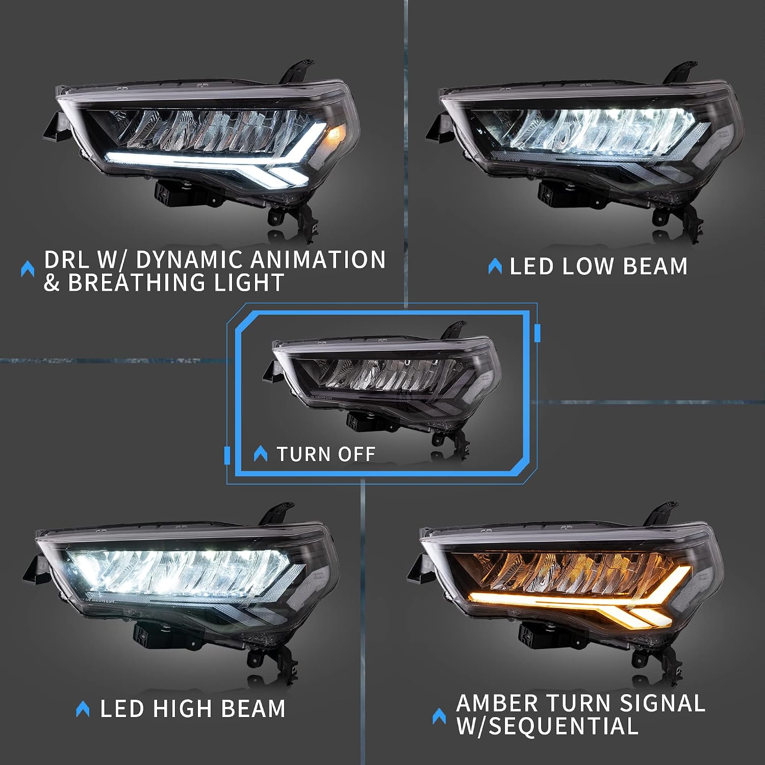 VLAND Headlights Compatible with 5th Gen 4Runner 2014-2023 w/Sequential w/Dynamic Animation, Full LED Front Lamp Assembly w/Clear Reflector(Not Fit TRD Models)
