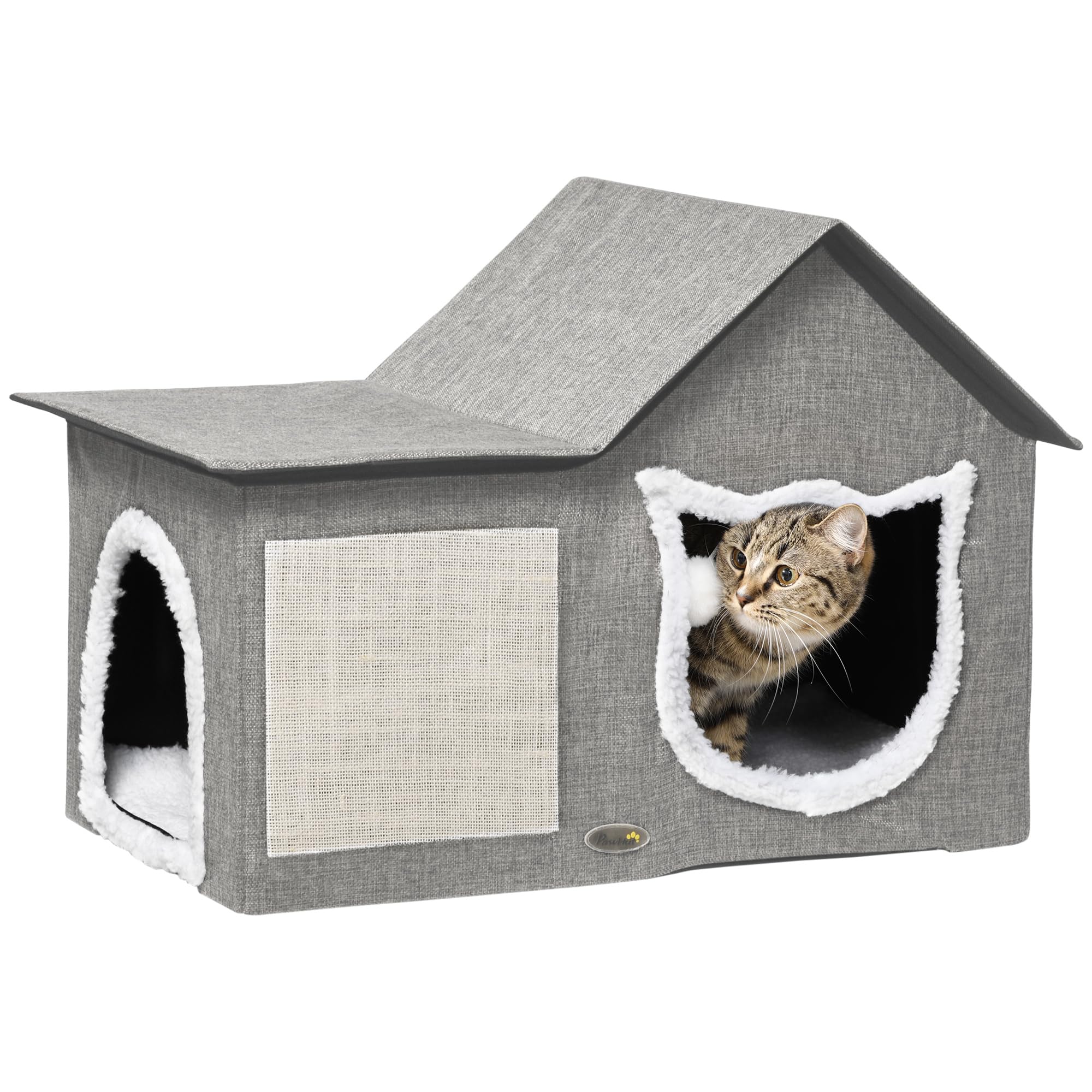 Pawhut Caseta para Gatos Casa para Gatos Interior Cama Cueva para Gatos con Almohadilla para Rascar Cojín Suave y Bola Colgante 65x41x45,5 cm Gris