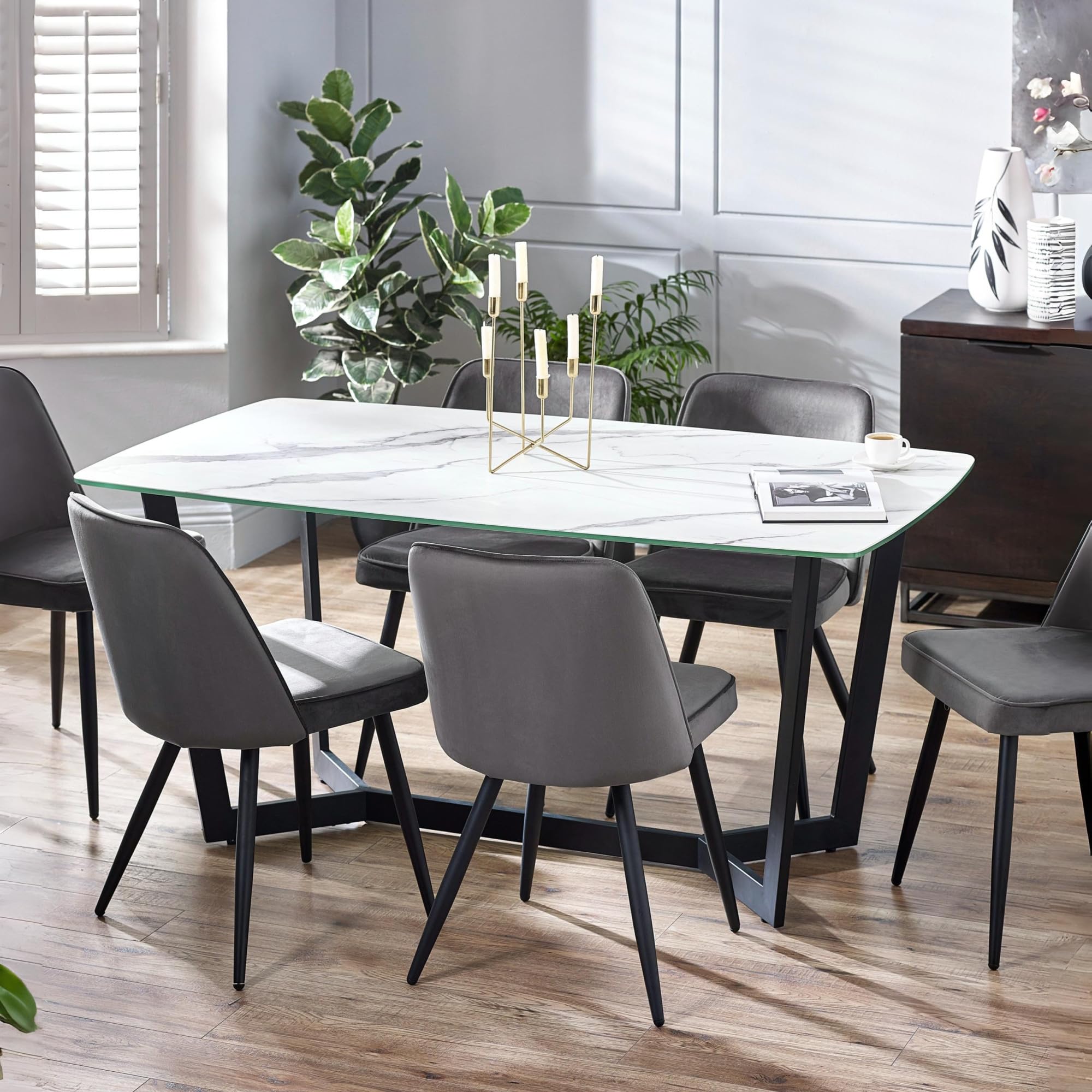 Olympus Dining Table - White Marble Effect & Black
