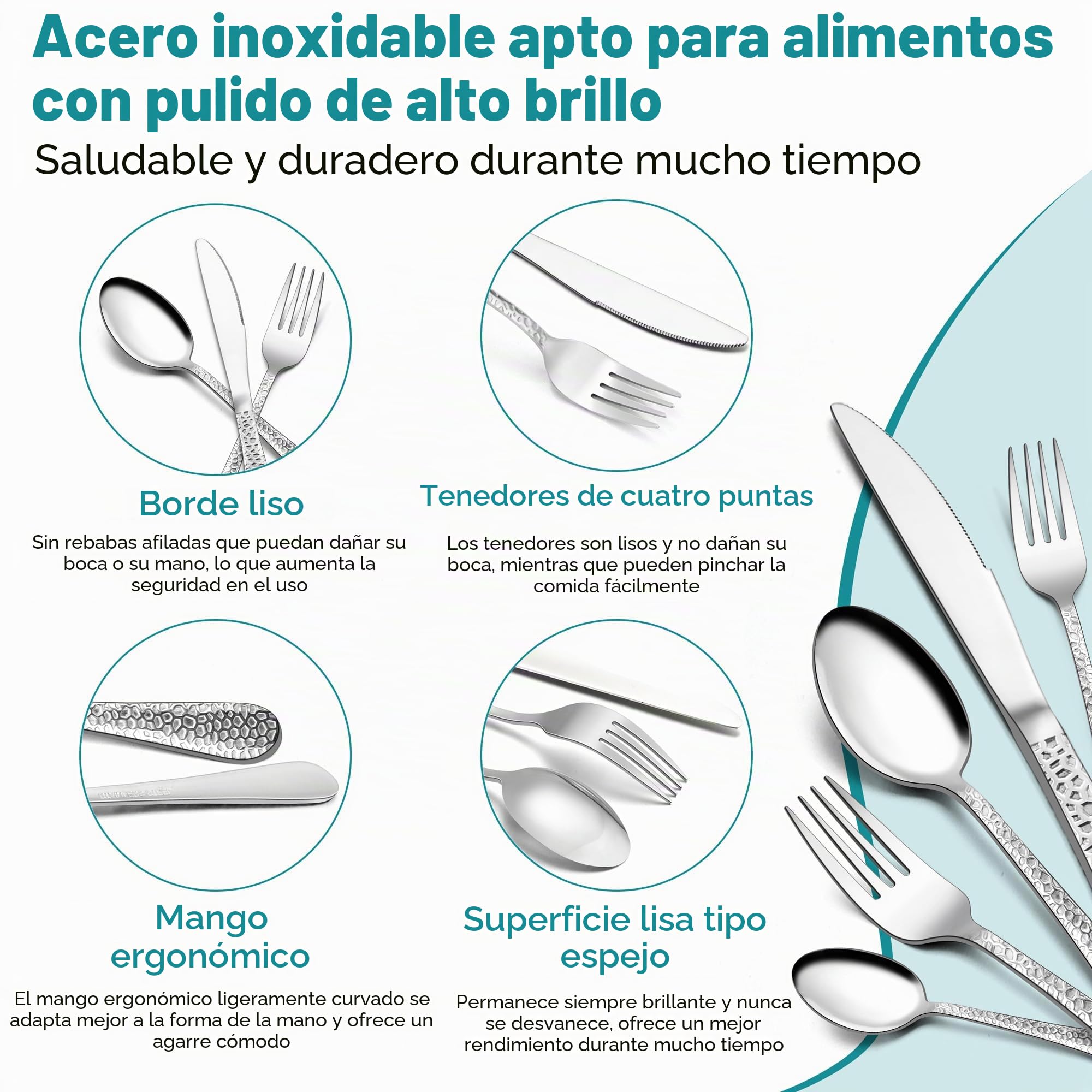 Homikit Juego de cubertería de 60 piezas para 12 personas, cubiertos de acero inoxidable martillados, cubiertos con cuchillo, tenedor, cuchara para familia, fiestas, restaurantes, mango redondo y apto